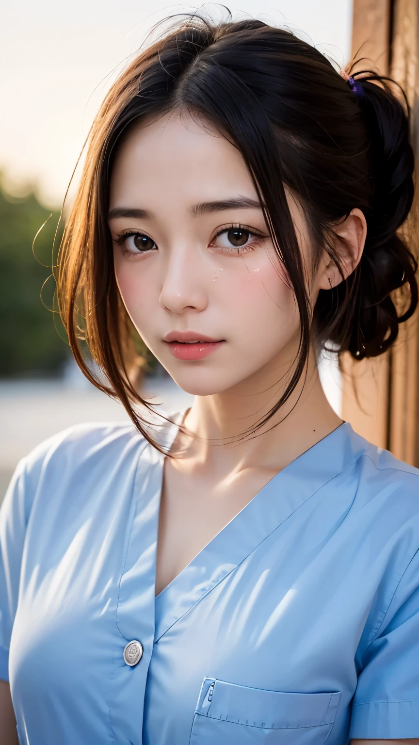 (masterpiece:1.3)、Super detailed finish、(High resolution、8k:1.3)、(highest quality、Super realistic like a photo:1.5)、sharp focus, ultra high definition face、Face is in focus、Ultra high definition and beautiful eyes、Eyes are symmetrical:1.3、High-definition and beautiful skin、firm skin、1 girl, 18 years old、nurse、白いnurse服をきています、Very cute、very cute、The photo shows from the chest up、natural make, glossy lips、Strange look, A face that looks like it's about to cry、Eyes full of tears、blush:1.3, embarrassed:1.3、looking at viewer ,Hair is tied