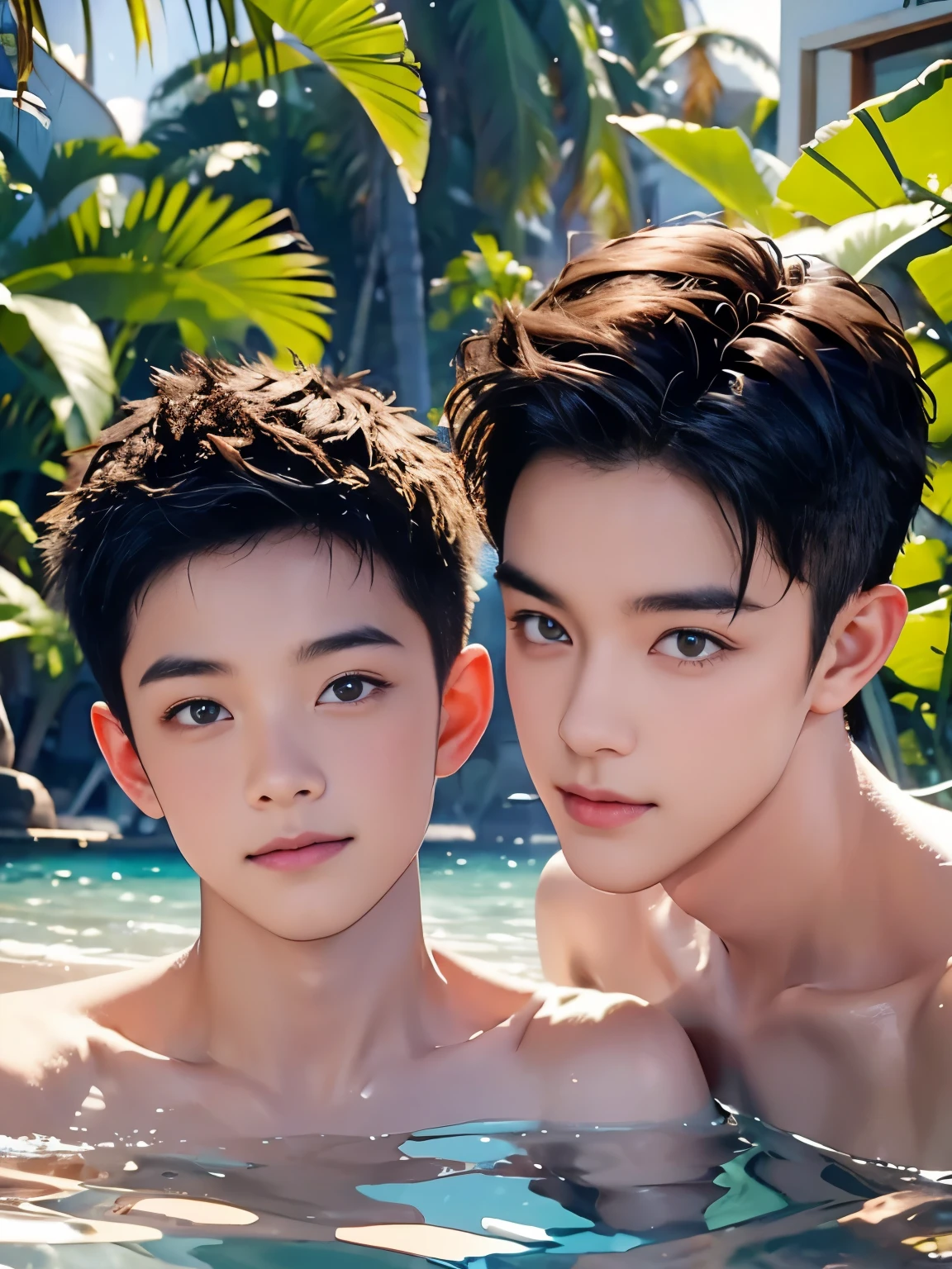 Highest quality portrait of two young guys on the beach knee-deep in water. Two young attractive boys swimming in the sea, completely naked with beautiful strings, beautiful green beach with palm trees and flowers, beautiful , smiling , Friends . Photo portrait of the highest quality !