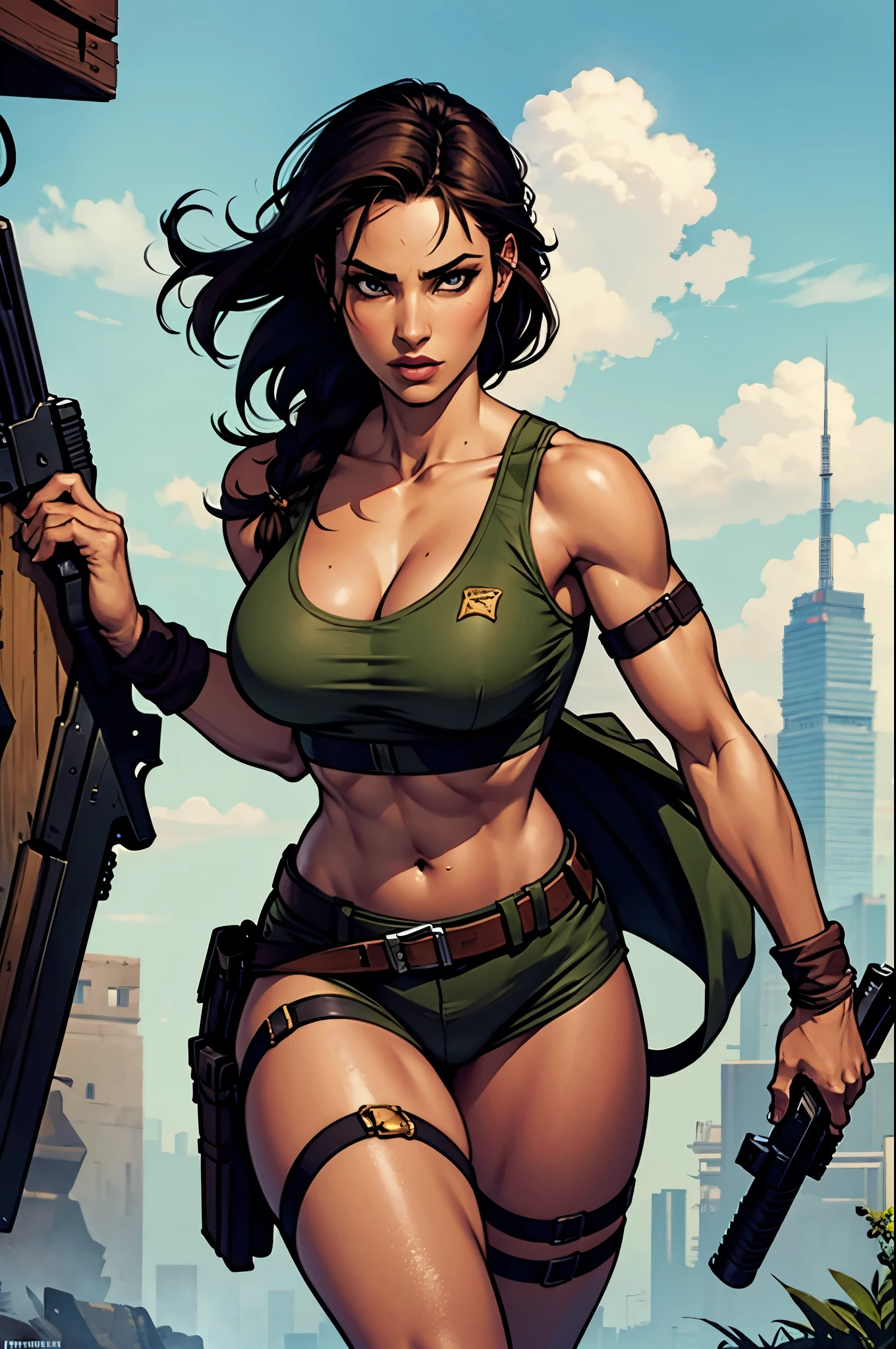 lara croft, ((art by michael turner)), sexy, guns, british, best quality, highres