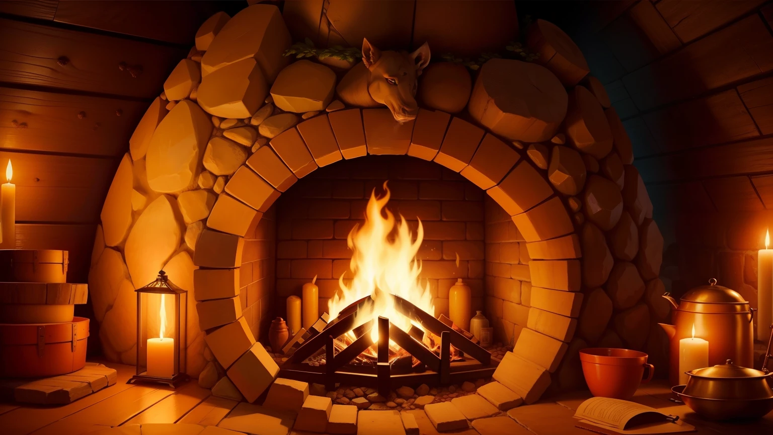 lareira with a fire in it and a lot of pots and pots, lareira rugindo, warm lareira, cosy lareira, lareira, fogo crepitante, irori lareira, arte de fundo, lareira lighting, papel de parede aconchegante, stylized digital illustration, fundo de fogueira, in fantasy tavern near lareira, traditional lareira, fogo brilhante, Arte detalhada de alta qualidade 8k, Detalhe 4k