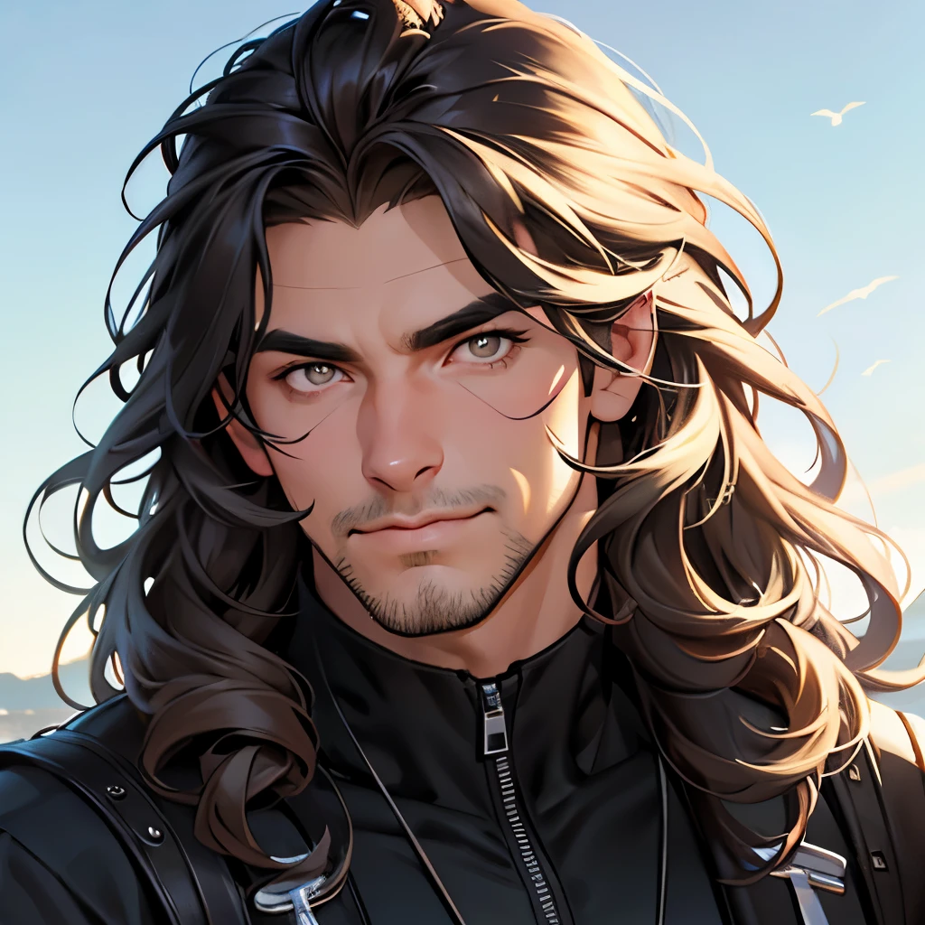 Handsome male. My hair is dark and very wavy curls which is parted in the centre of the head above the focal point of both eyebrows VERY IMPORTANT with the same percentage of weighting on both left and right side of face with face-framing strands of curls on both left and right side of face, middle parted with even weighting on both left and right side of face, with streaks of silver throughout. I have a strong jawline, high cheekbones, full jaw many THICK stubble and bright and deep, brown eyes. I'm tall and lean, with broad shoulders and a muscular physique. When I smile, a cute dimple appears on my left cheek. I often dress in black, but I'm not afraid to mix it up with bold colors every now and then. I carry myself with a sense of confidence, always knowing just how to make an impact. Brown hair. Long hair. prominant nose bridge with bulbous tip adding structure to face. head directly facing camera. Straight-on shot
