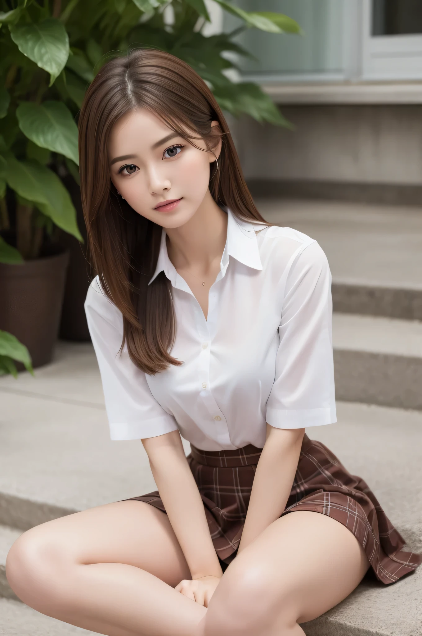 photorealistic,realistic,Hotel、((brown hair))、good hand、8K video、High resolution、masterpiece、highest quality、fine skin、sharp focus、clavicle,detailed face:1.2、beautiful breasts、lustrous eyes、look at the audience、((beautiful and detailed eyes))、Big eyes、美しくdetailed face、perfect and beautiful double eyelids、whole body、barefoot,thin ankles,delicate legs,Woman sitting cross-legged,beautiful hip line,tropical country、checked skirt,school uniform,uniform,open white shirt,beautiful feet,wet skin,spread your legs,holding my legs（knees:1.2）,The shirt is completely unbuttoned.,eye make up,gal