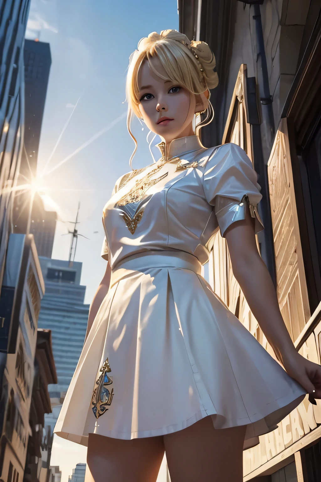 sword of light、white mini skirt、beautiful female holy knight、(((blonde updo)))、((whole body))、(((photo taken from below)))、city