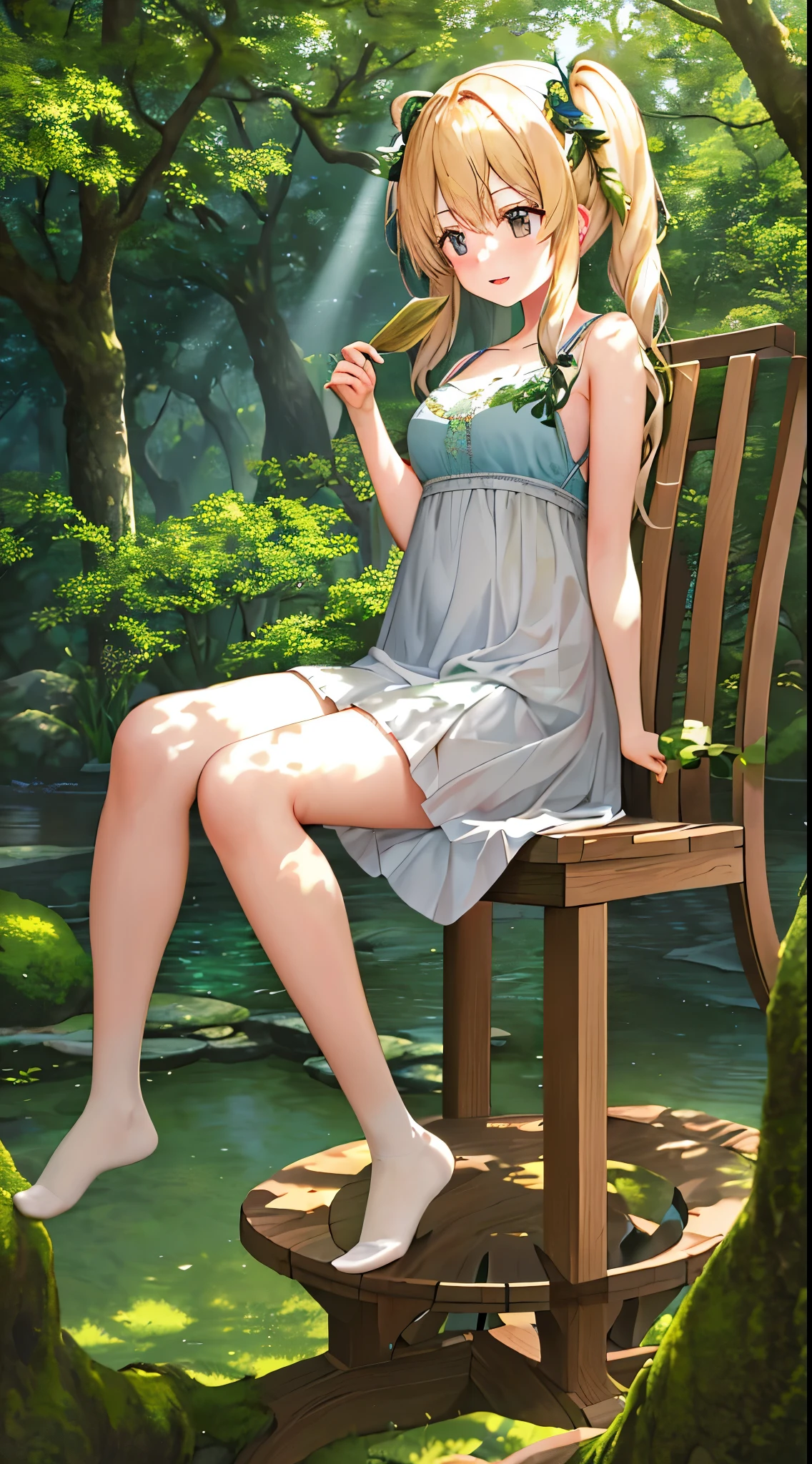 The serene beauty of nature unfolds before us in this masterpiece, brought to life by Unity's Super Definition CG in 8k resolution. In this stunning work, lush trees with vibrant leaves stretch towards the clear blue sky, casting dappled sunlight on the soft grass below. Every intricate detail of the trees is meticulously rendered, reflecting the harmony between the natural world and the latest in digital technology. The sunlight filtered through the foliage bathes the scene in a warm, golden glow, imbuing the air with a sense of tranquility and peace.

To the left, a beautiful blonde high school girl sits nervously on a wooden chair, her twintails
