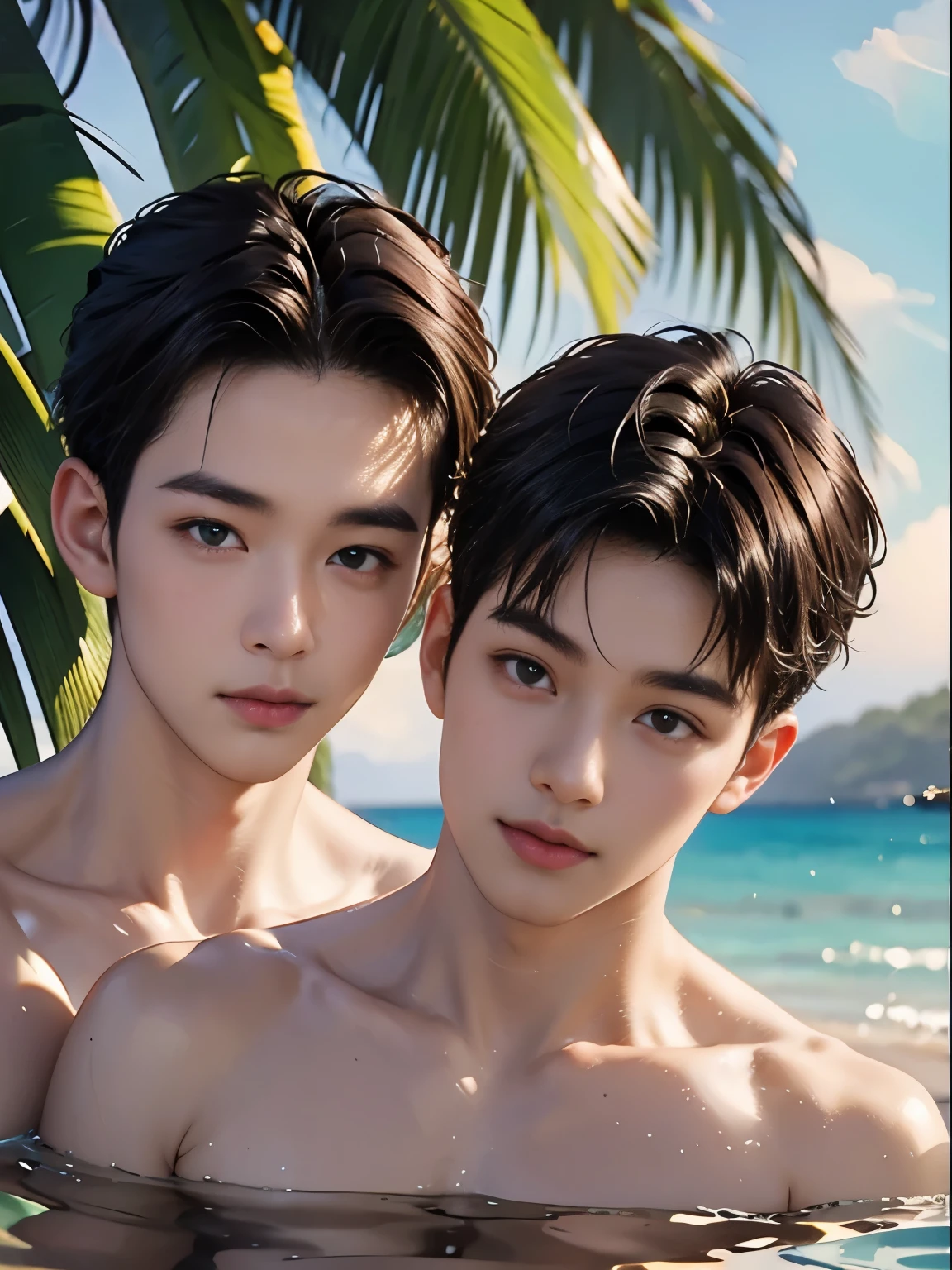 Highest quality portrait of two young guys on the beach knee-deep in water. Two young attractive boys swimming in the sea, completely naked with beautiful strings, beautiful green beach with palm trees and flowers, beautiful , smiling , Friends . Photo portrait of the highest quality !