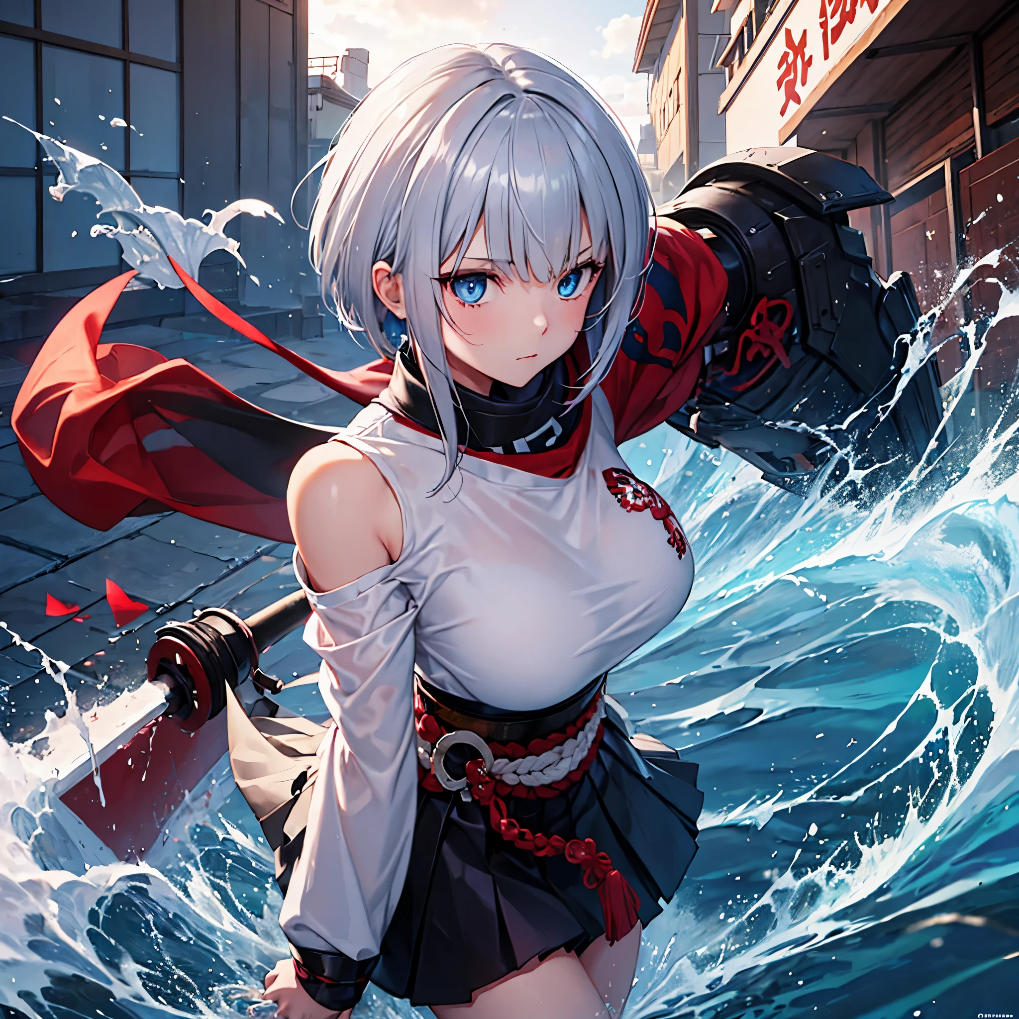 A girl wearing heavy samurai armor outside a dojo, short silver hair, a red fringe, blue eyes.
