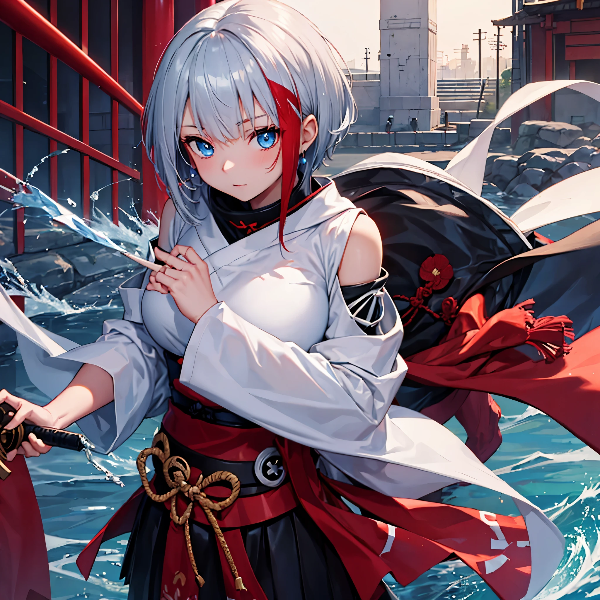 A girl wearing heavy samurai armor outside a dojo, short silver hair, a red fringe, blue eyes.
