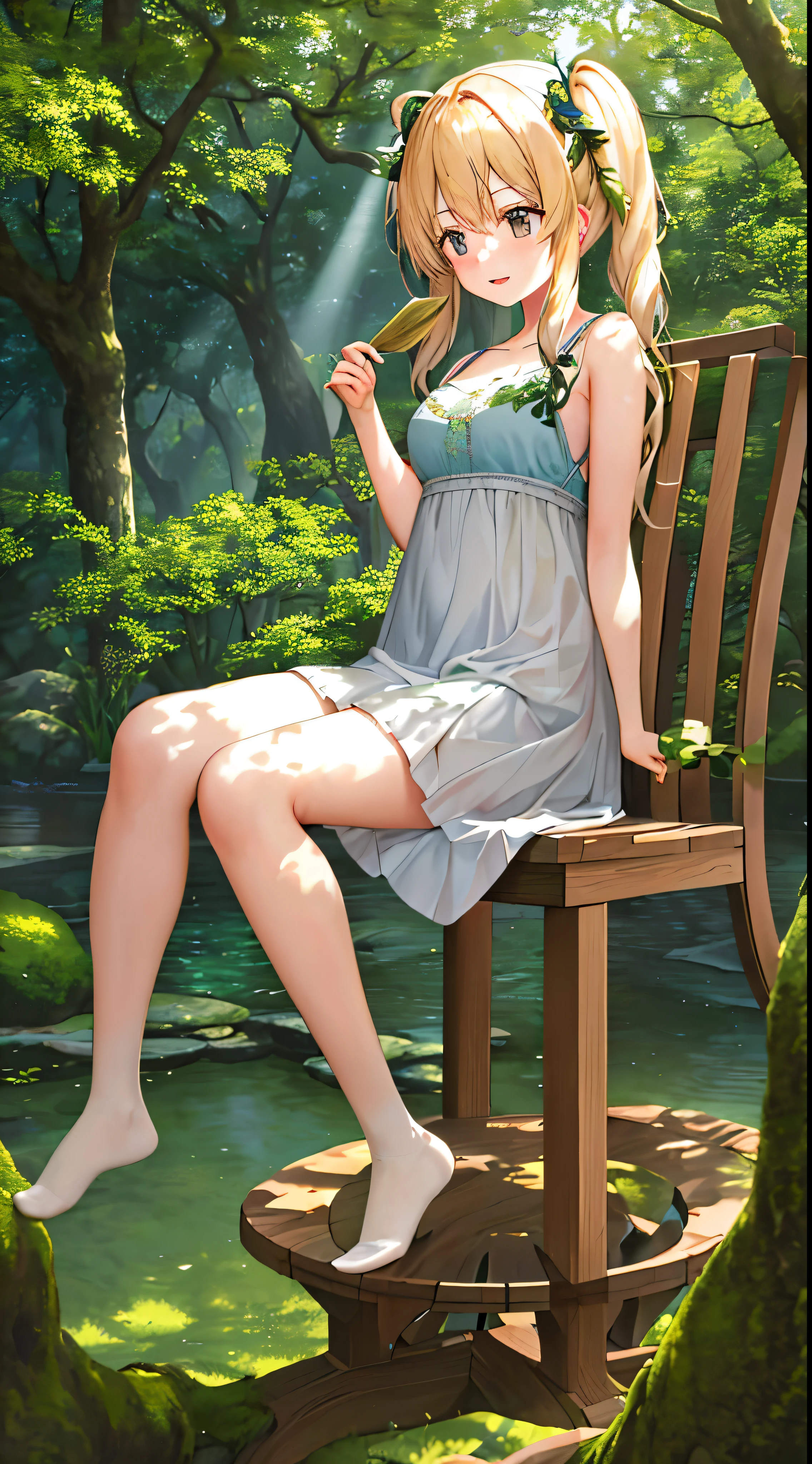 The serene beauty of nature unfolds before us in this masterpiece, brought to life by Unity's Super Definition CG in 8k resolution. In this stunning work, lush trees with vibrant leaves stretch towards the clear blue sky, casting dappled sunlight on the soft grass below. Every intricate detail of the trees is meticulously rendered, reflecting the harmony between the natural world and the latest in digital technology. The sunlight filtered through the foliage bathes the scene in a warm, golden glow, imbuing the air with a sense of tranquility and peace.
To the left, a beautiful blonde high school girl sits nervously on a wooden chair, her twintails