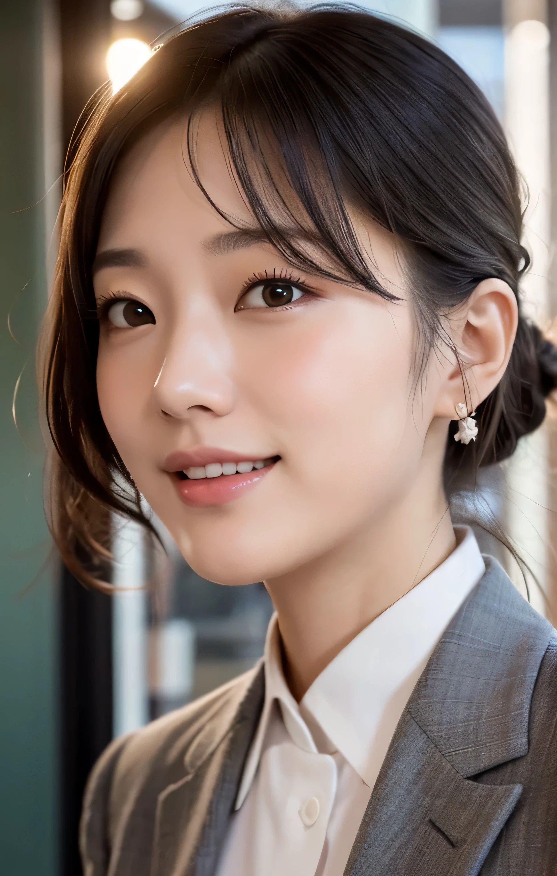 table top,(Super high quality),japanese girl,Delicate face during lunch,delicate skin,delicate nose,delicate lips,delicate hair,beautiful face,angle facing the viewer,laugh and have fun,stylish cafe,beautiful cityscape,smooth semi-long chignon,delicate eyes(Eyes like the real thing),gray business suit,Around 24 years old,Good weather,professional lighting,