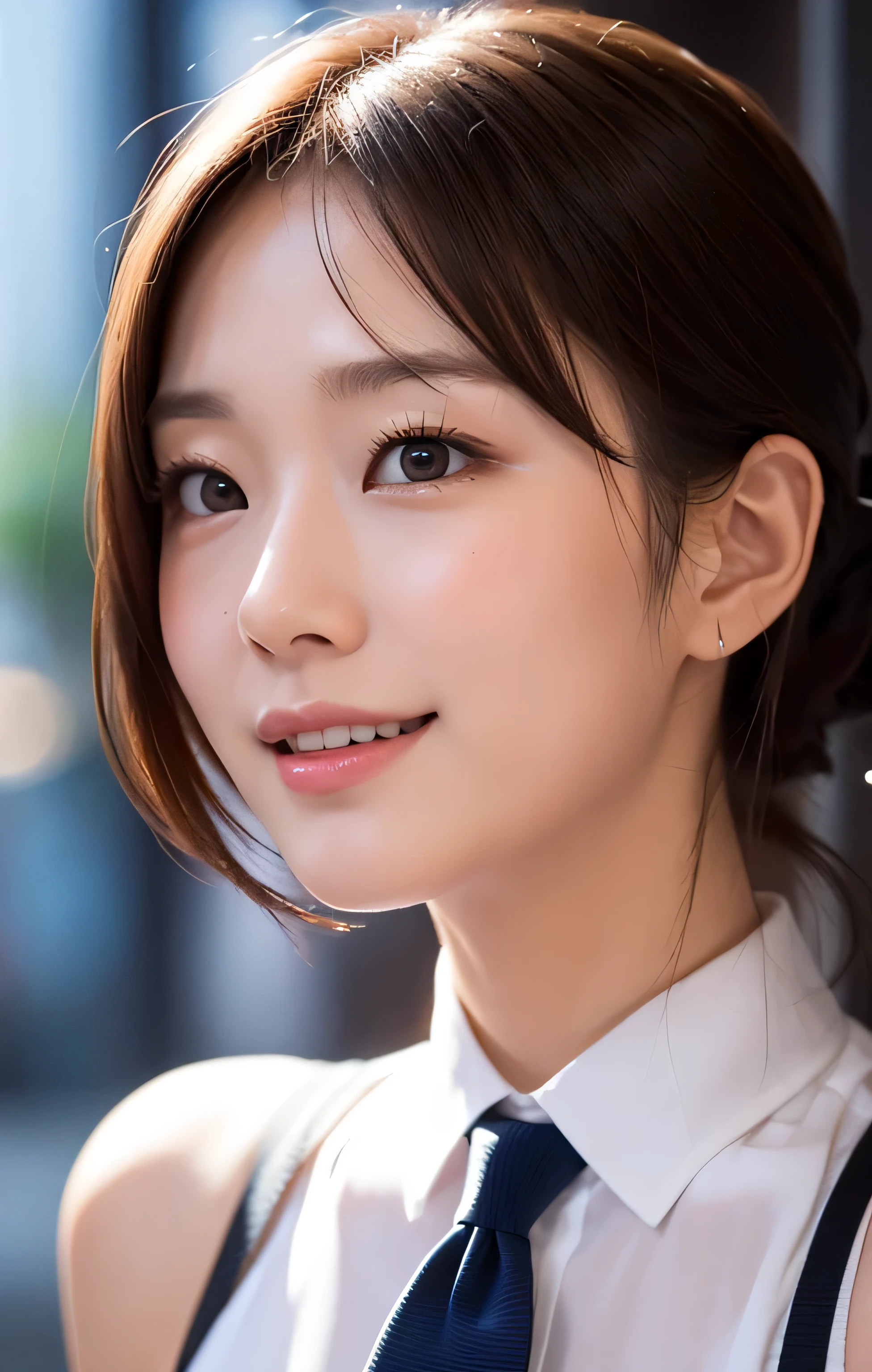 table top,(Super high quality),japanese girl,Delicate face during lunch,delicate skin,delicate nose,delicate lips,delicate hair,beautiful face,angle facing the viewer,laugh and have fun,stylish cafe,beautiful cityscape,smooth semi-long chignon,delicate eyes(Eyes like the real thing),gray business suit,Around 24 years old,Good weather,professional lighting,
