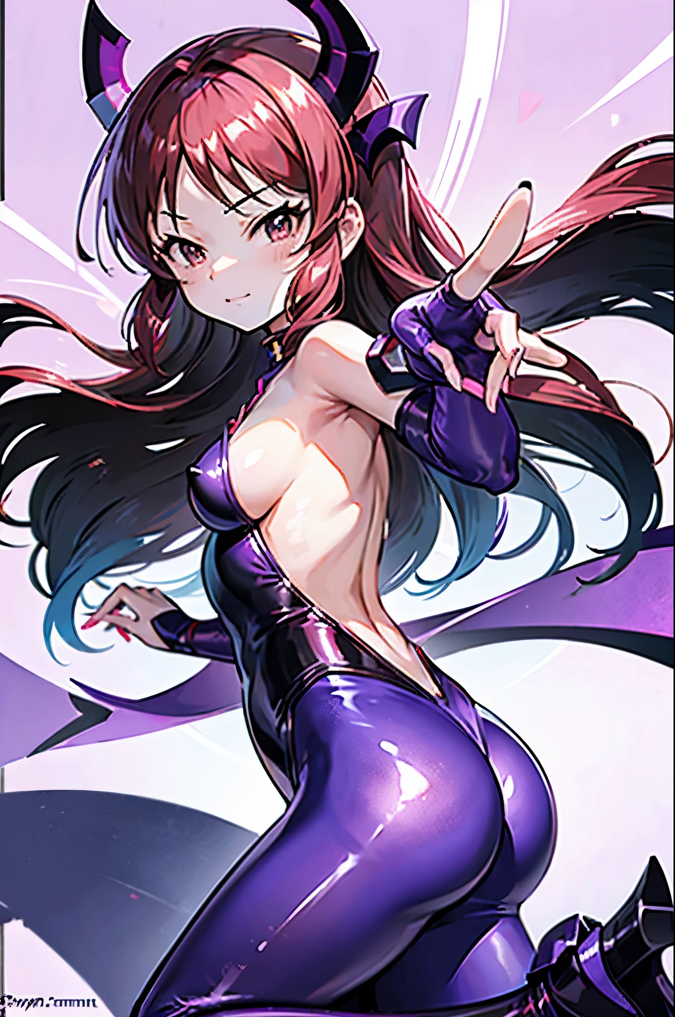 draw the face carefully Anime style high quality face super shiny skin black and purple leotard with red trim Pink pantyhose succubus lure smile Picture seen from behind