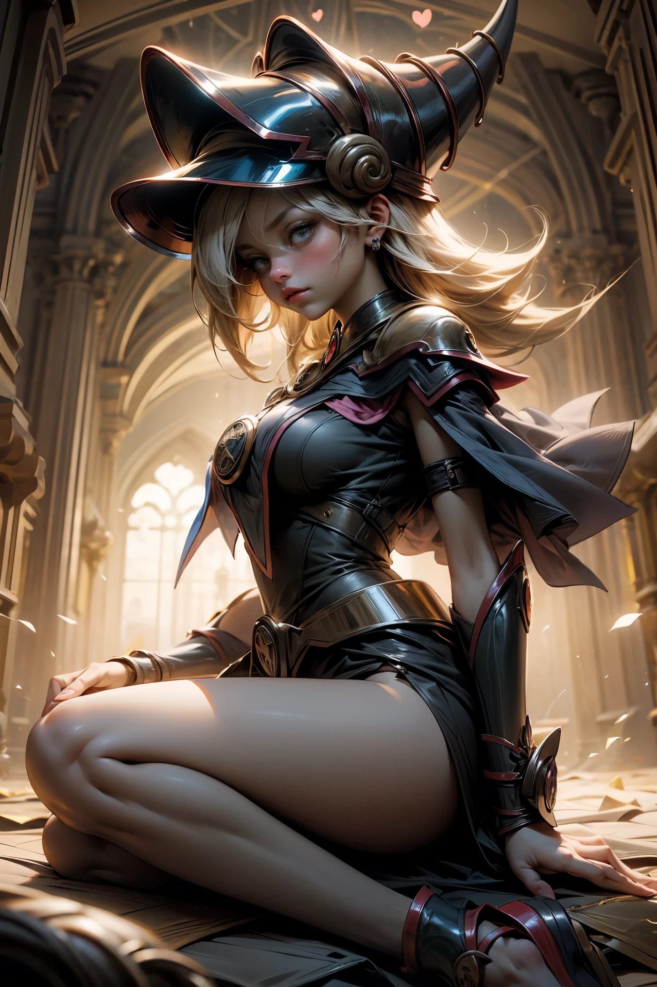 (obra maestra:1.2), (La mejor calidad:1.2), perfect lighting, Chica Maga Oscura lanzando un hechizo, en batalla. flotando en el aire, tetas medianas visibles, escote transparente, bata azul, sombrero grande, desde arriba, Destellos, Yugioh juego, The magic of the heart. LIGHTS OF THE HEART, Romantic heart.