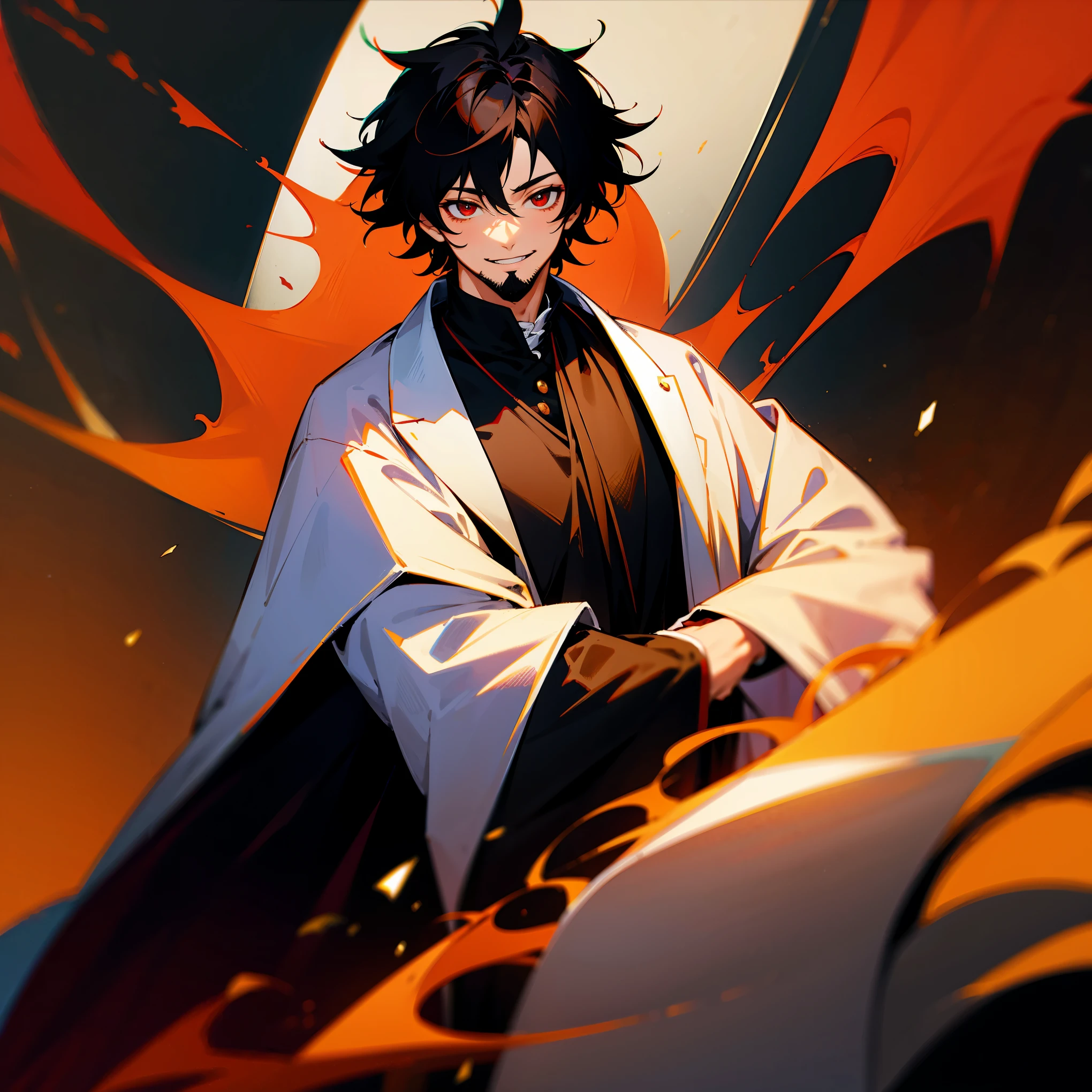 1male , Multicolored hair , Short Red and Black Hair , Black Robes , White Overcoat, Red Eyes , Tavern Background , Standing in Medieval Bar , Facing Viewer , Confident Smile , Adult Male , Messy Hair , Muscular , Facial Hair Stubble