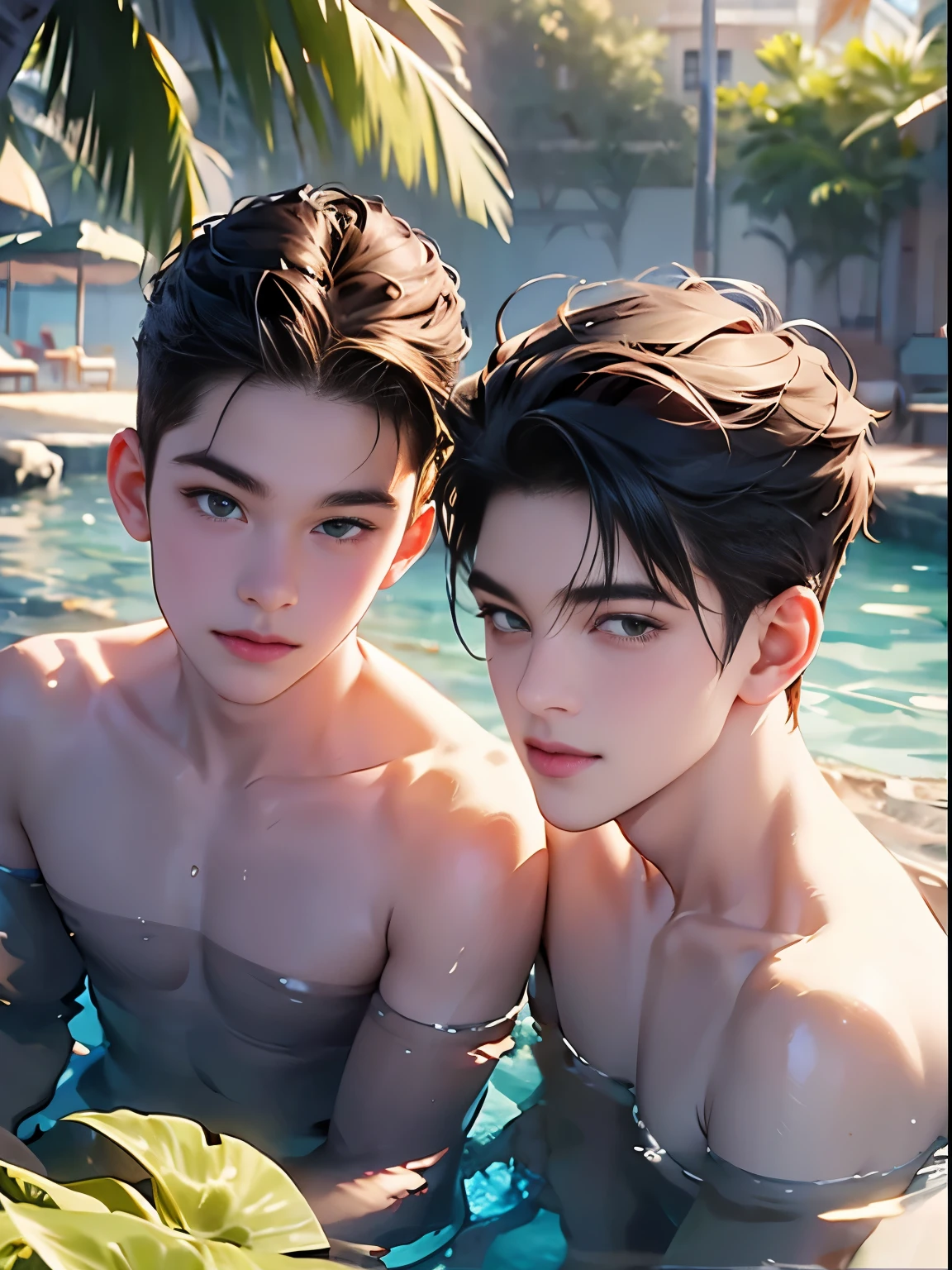 Highest quality portrait of two young guys on the beach knee-deep in water. Two young attractive boys swimming in the sea, completely naked with beautiful strings, beautiful green beach with palm trees and flowers, beautiful , smiling , Friends . Photo portrait of the highest quality !