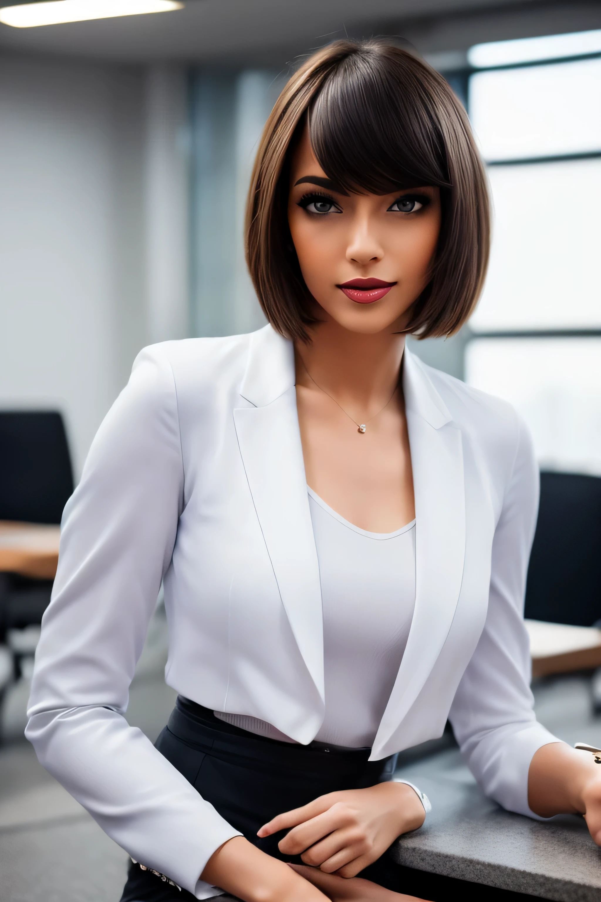 Best quality, Photorealistic, ultra detailed, finely detail, high resolution, 8k wallpaper, Raw color photo, professional, high level of detail, Beautiful woman, (pale skin), ((wearing slack, blazer jacket and white shirt)) Hotouch Basic Cotton Button Down Shirt Blue, (masterpiece), (full body), (blue eyes), realistic, happy face, (red lipstick), mouth wide open, ((short shoulder length hair), (white hair)), (small breast). pink sweater, gray scarf sharp focus, award winning photo, (Front to front), (Look at viewers), small light, low contrast, facial symmetry, depth of fields, (best quality,4k,8k,high resolution,masterpiece:1.2),ultra-detailed,(realistic,photorealistic,photorealistic:1. 37),portrait,formal attire,professional setting,confident expression,stylish haircut,office environment,modern office building,impressive architecture,elegant pose,female executive,high heels,bright and spacious office,sharp focus,women working together,polished look,neutral color palette,soft natural lighting,clean and minimalist design,important business meeting,intricate patterns on the suit,well-groomed hairstyle,desk with computer and paperwork,air of authority,successful and accomplished women, award winning photo, (Front to front), (Look at viewers), small light, low contrast, facial symmetry, depth of fields, cinematic background, center image, softly lit, (finely detailed skin), realistic skin texture, extreme skin details, (pores: 0.1), small bust with good shape