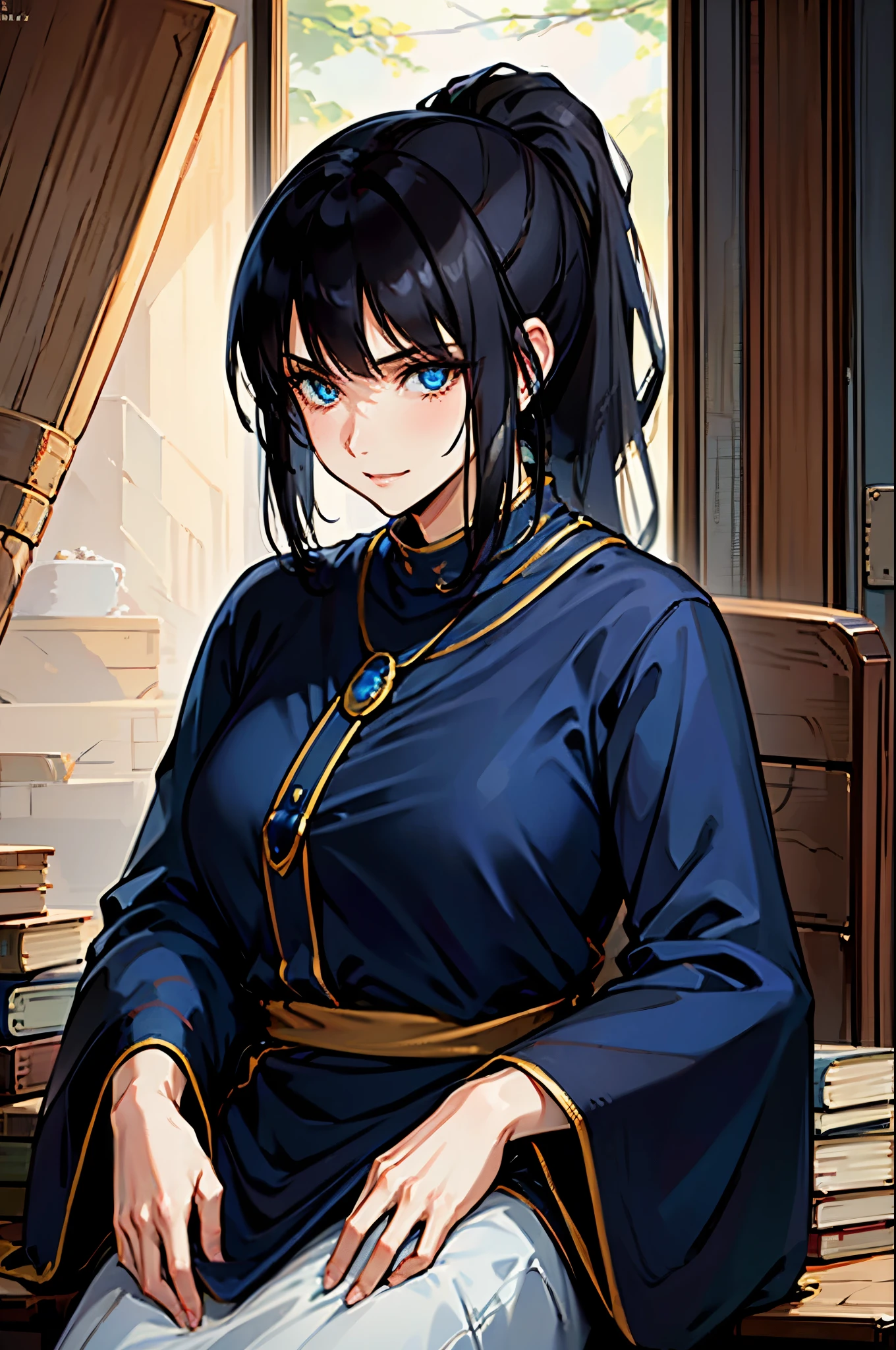 ((masterpiece)), ((best quality)), 1girl, adult, long hair, big bust, ((dark hair)), ((intimidant look)), ((close-up)), profile image, black and blue clothes, sexy, dark colors, blue eyes, ((coat with fur)), ((wavy hair)), exposed skin, ((sexy pose)), good anatomy, ((dark sage clothes)), ((straight cut bangs)), emotionless, intimidant, ((beautiful eyes)), dark background, close up, ((detailed eyes)), ((detailed face)), hair bang, frontal look, relaxed, smile, queen, ponytail