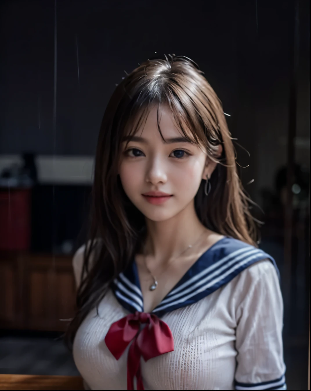 (masterpiece, highest quality:1.2), 8k, official art, RAW photo, big breasts, Japanese, black hair, bangs, long hair, 19 years old, incredibly absurd, (whole body, sailor suit:1.4), beautiful girl, 18-year-old、cute face, arch back, navy pleated skirt, close, , short sleeve, gardenia, viola lace, sit on a chair、looking at the viewer, film grain, chromatic aberration, sharp focus, face light, dynamic lighting, cinematic lighting, detailed eyes and face, background bokeh, (1 dark red bow tie:1.2)、(heavy rain、dark sky:1.5)、one girl、blush、look at the audience、(huge breasts:1.2)、wet hair、shiny hair、wet face、wet skin、wet body、wet costume、flower、hairpin、necklace、earrings、written boundary depth、尖ったred mouth、red mouth,clavicle、beautiful fingers、please loosen your tie、cute wet face、Wet clothes that stick to your chest、Wet and transparent clothes,