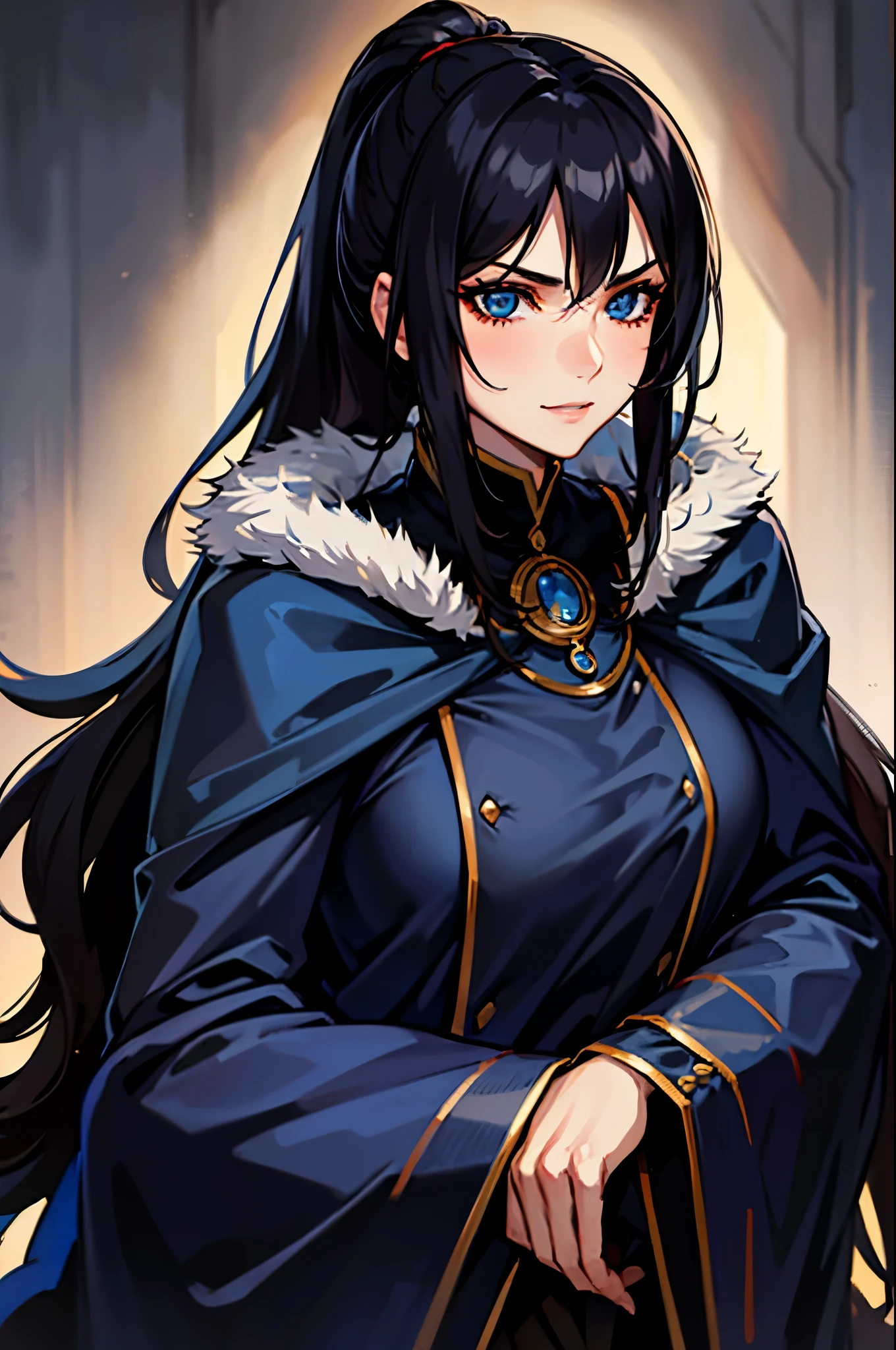 ((masterpiece)), ((best quality)), 1girl, adult, long hair, big bust, ((dark hair)), ((intimidant look)), ((close-up)), profile image, black and blue clothes, sexy, dark colors, blue eyes, ((coat with fur)), ((wavy hair)), exposed skin, ((sexy pose)), good anatomy, ((dark sage clothes)), ((straight cut bangs)), emotionless, intimidant, ((beautiful eyes)), dark background, close up, ((detailed eyes)), ((detailed face)), hair bang, frontal look, relaxed, smile, queen, ponytail