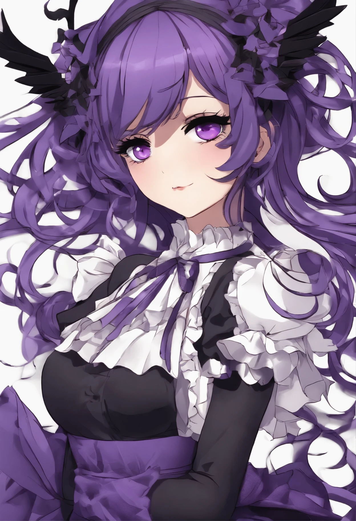 Girl purple hair, maid outfit, black wings, stockings, sharp nails, (eye patch), demonic horns, purple eyes, anime