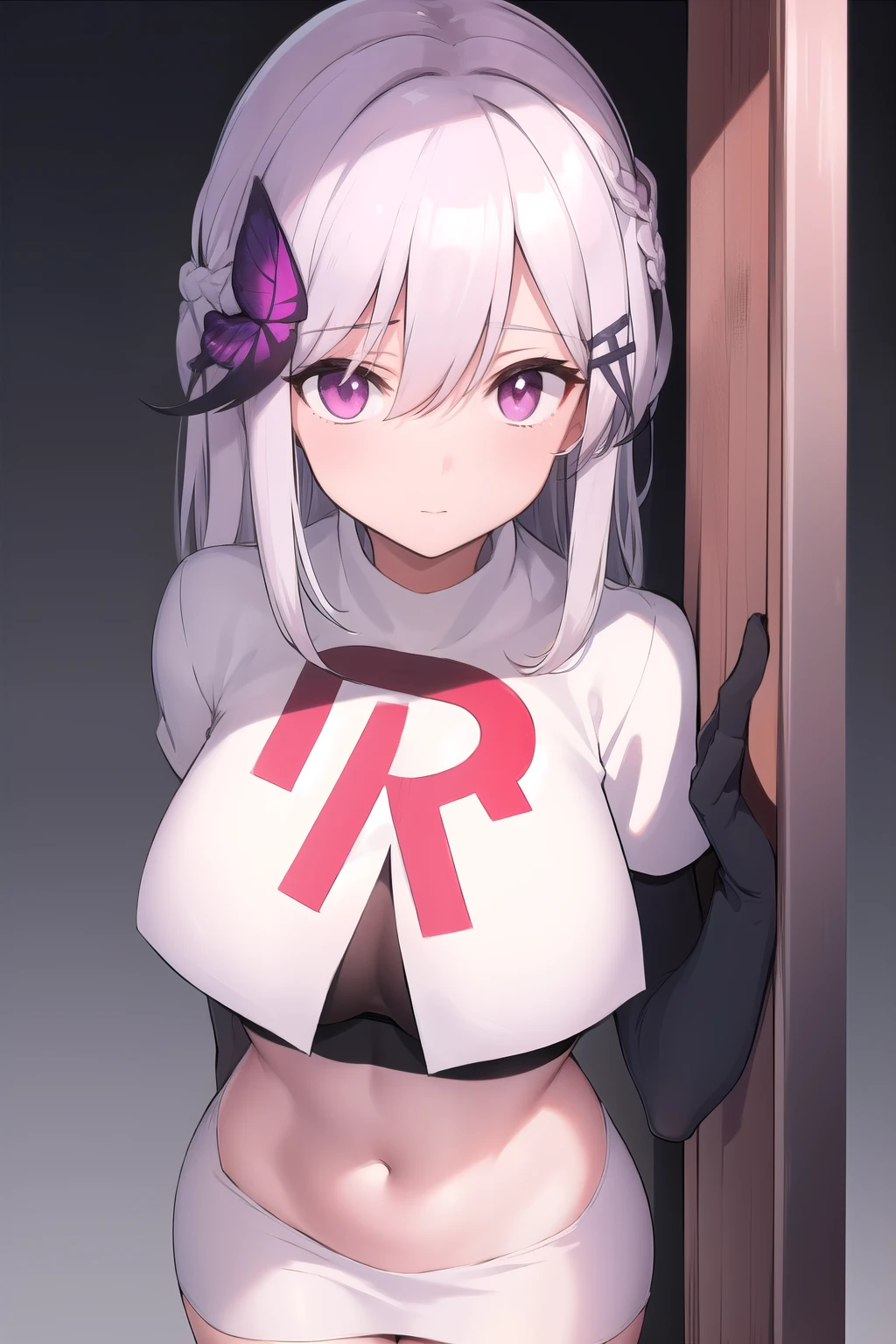 (masterpiece, best quality:1.2),illustration,8k,hd,1girl,solo,(portrait:1.2),pink_eyes,large_breasts,long_hair,hair_ornament,purple_eyes,multicolored_hair,white_hair,butterfly_hair_ornament,zettai_ryouiki,black_hair,bangs,hair_between_eyes,long team rocket,team rocket uniform,white skirt,red letter R,crop top,black thigh-highs,black elbow gloves