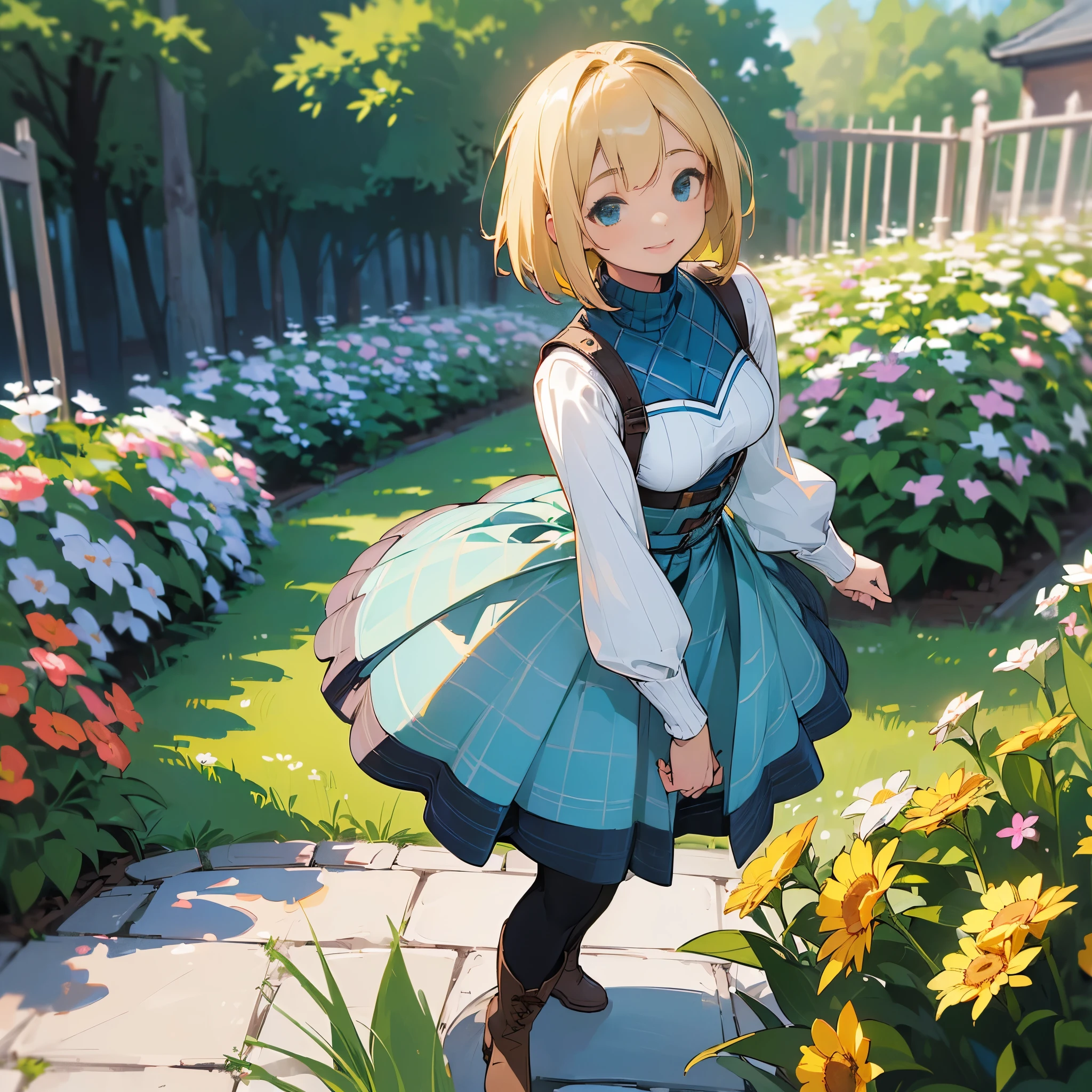 (high quality, High resolution, Super detailed, reality:1.37), peaceful atmosphere, (outdoors, garden), teenage girl standing alone, (my breasts are big.), Beautiful detail features, cute smile, (blonde bob hair), ribbed sweater, blue plaid skirt, black tights, brown boots.