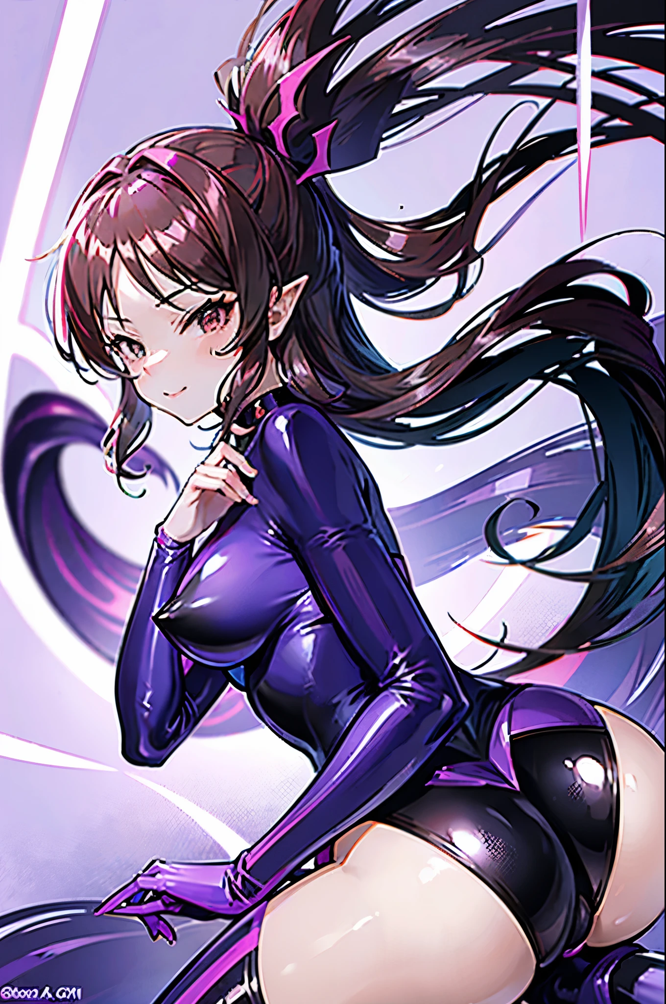 draw the face carefully　Anime style high quality face　super shiny skin　black and purple leotard with red trim　Pink pantyhose　succubus　lure　smile　Picture seen from behind