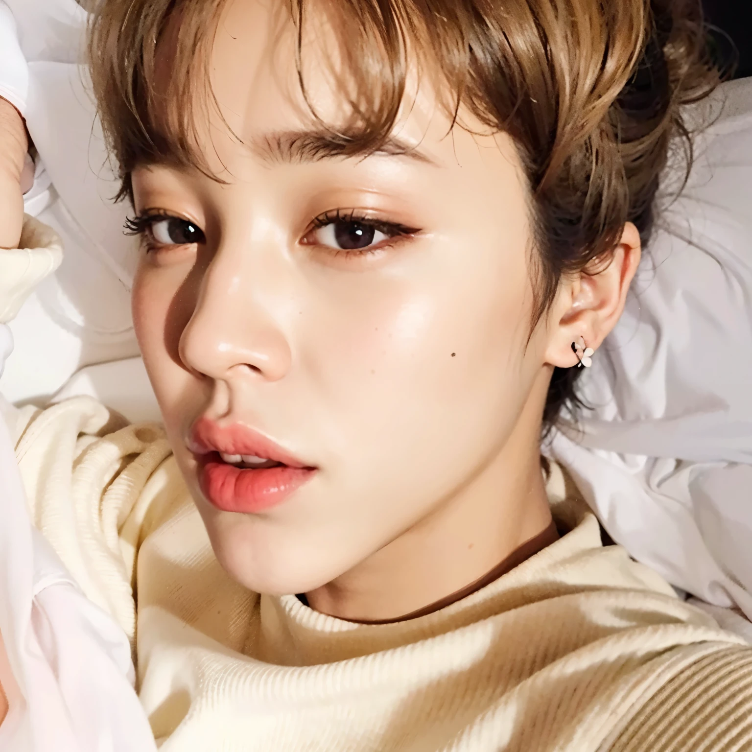 close de uma pessoa deitada na cama com um controle remoto, Jimin\the full lips, Jimin\o nariz grego, Jimin\the right eyelid is swollen, park Jimin, Jimin, accurate Jimin face, adorable and pale korean face, hyung tae, jossi do blackpink, chave ainda, Kim Doyoung, todos do grupo nct, Hong junho hyung
