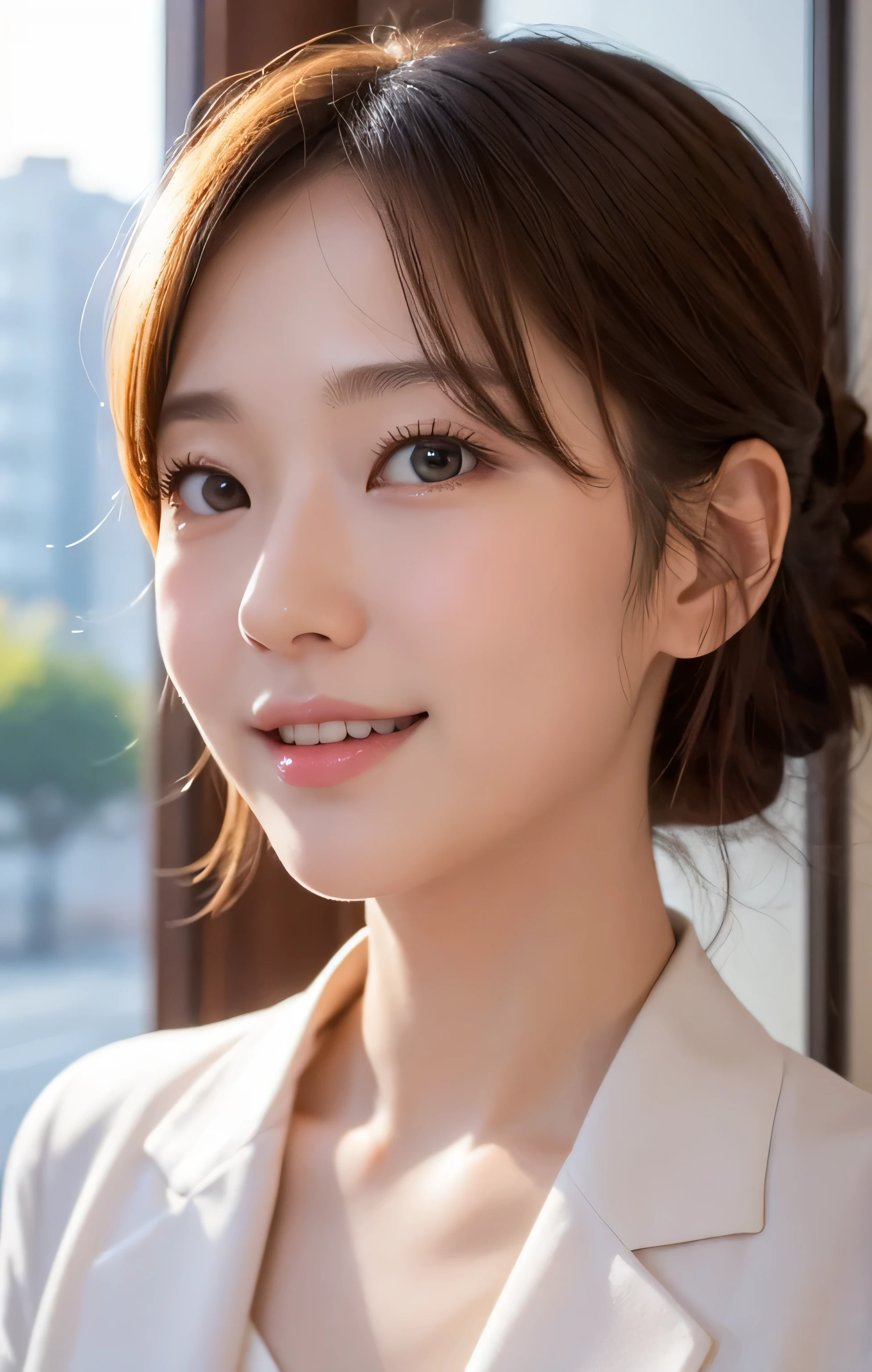 table top,(Super high quality),japanese girl,Delicate face during lunch,delicate skin,delicate nose,delicate lips,delicate hair,beautiful face,angle facing the viewer,laugh and have fun,stylish cafe,beautiful cityscape,smooth semi-long chignon,delicate eyes(Eyes like the real thing),gray business suit,Around 24 years old,Good weather,professional lighting,