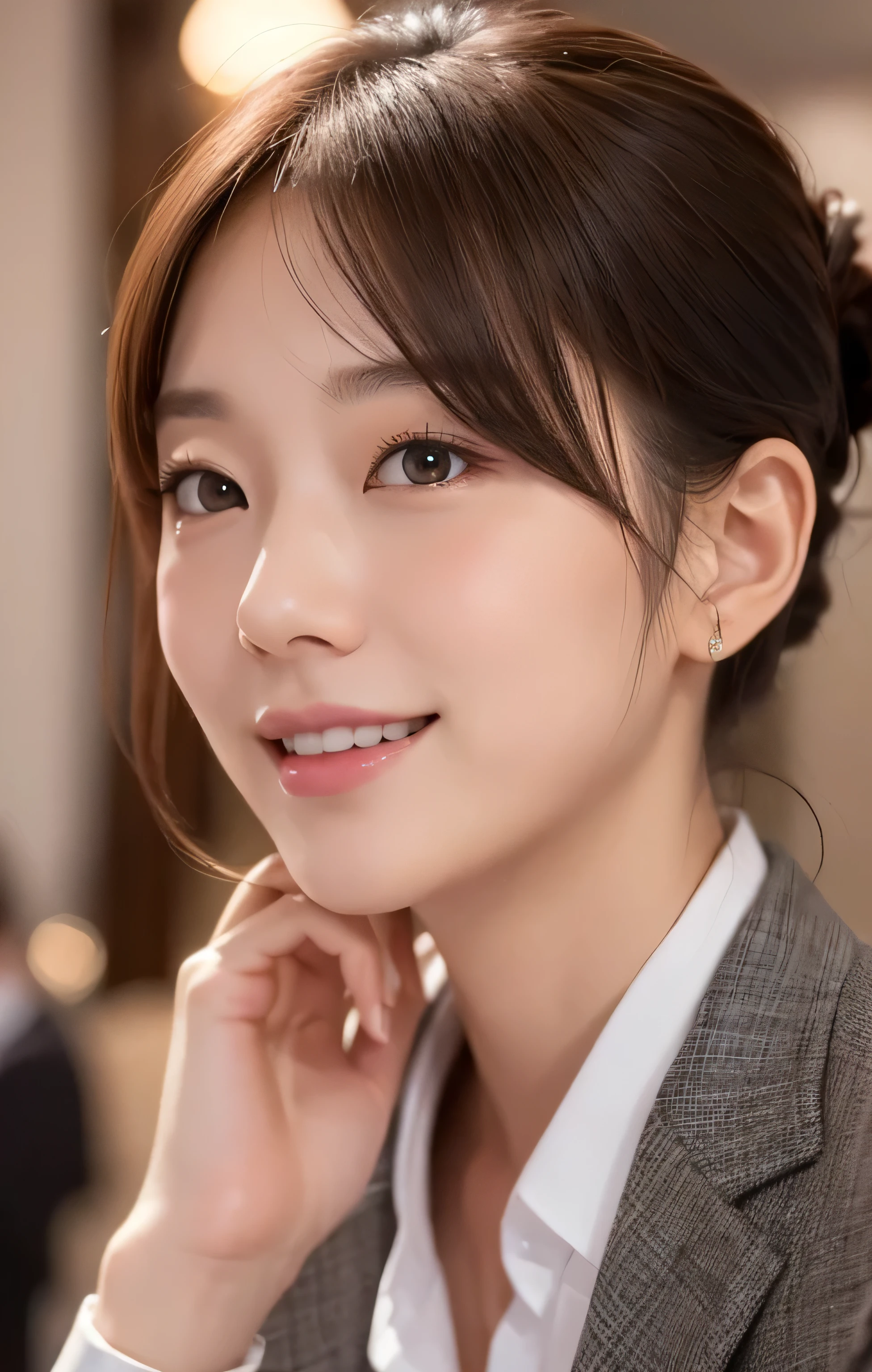 table top,(Super high quality),japanese girl,Delicate face during lunch,delicate skin,delicate nose,delicate lips,delicate hair,beautiful face,angle facing the viewer,laugh and have fun,stylish cafe,beautiful cityscape,smooth semi-long chignon,delicate eyes(Eyes like the real thing),gray business suit,Around 24 years old,Good weather,professional lighting,
