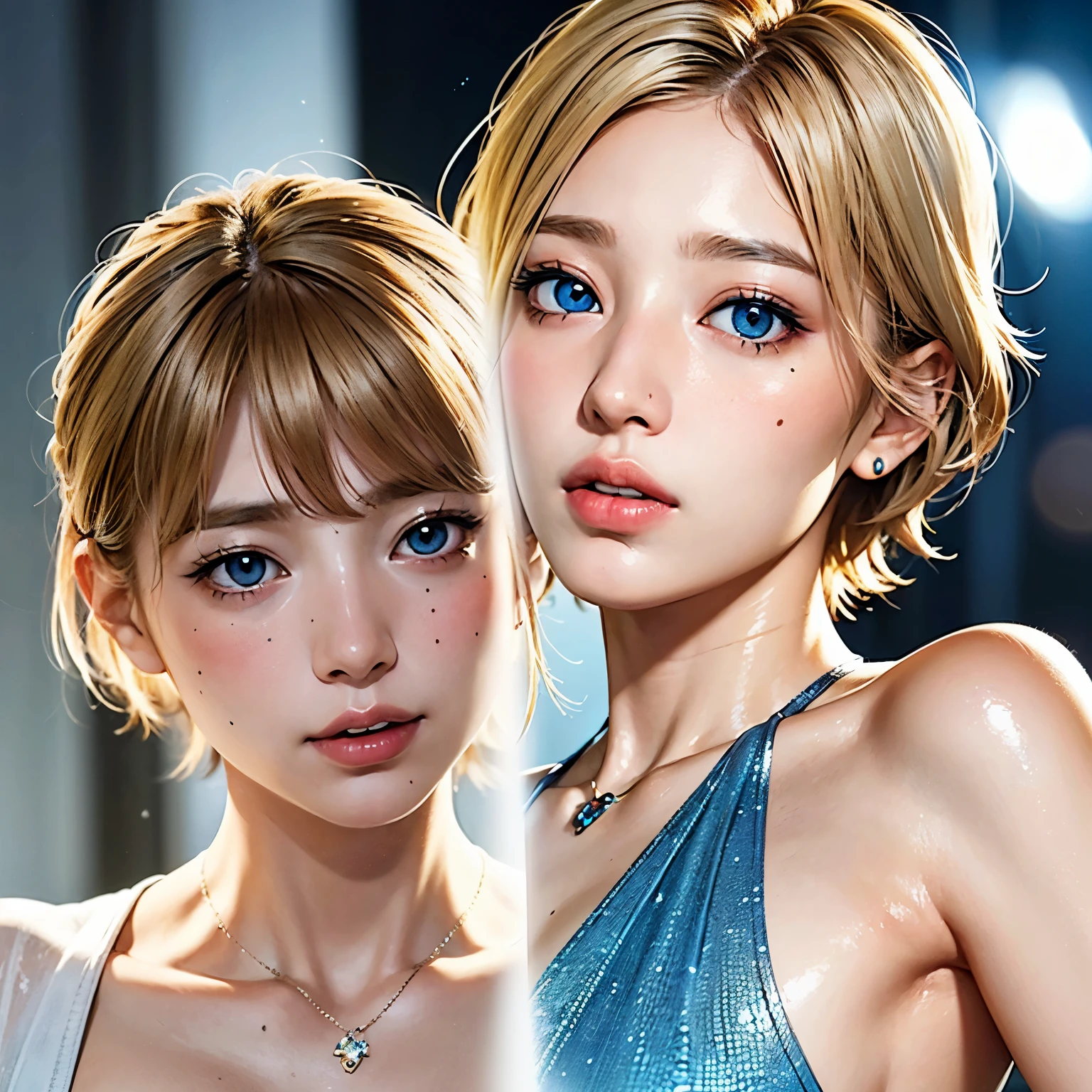 a young blonde with delicate features and blue eyes with light spots on her face and short hair with a brown streak on the left side of her hair and a small abstract tattoo on her neck and a comic crystal necklace, anime