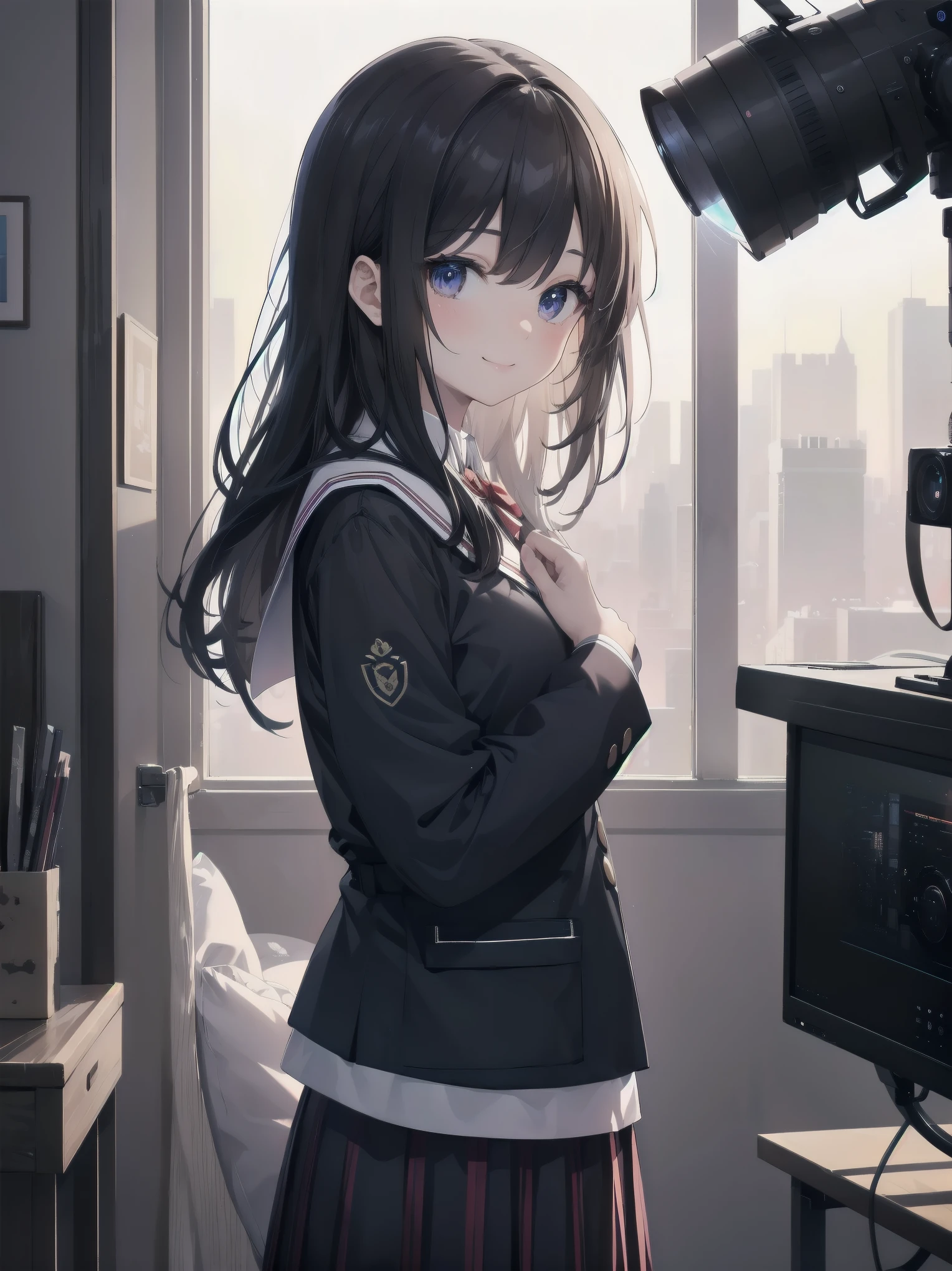 Enhanced dynamic perspective,cute cute beautiful girl,brand JK uniform,look at me and smile,simple background,works of masters,high quality,16K resolution,super fine,Accurate,cinematic lighting,