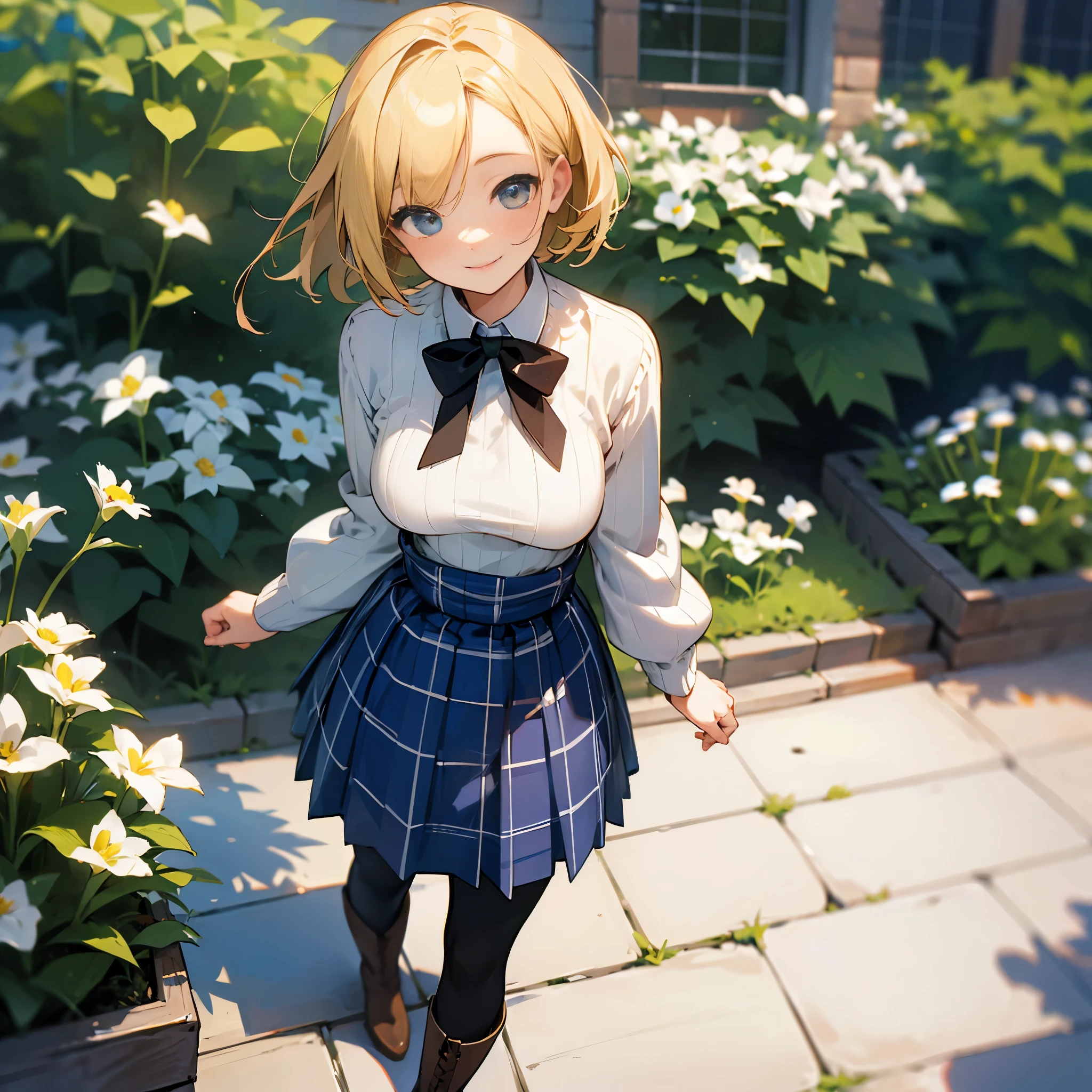 (high quality, High resolution, Super detailed, reality:1.37), peaceful atmosphere, (outdoors, garden), girl standing alone, (my breasts are big.), Beautiful detail features, cute smile, (blonde bob hair), ribbed sweater, blue plaid skirt, black tights, brown boots.