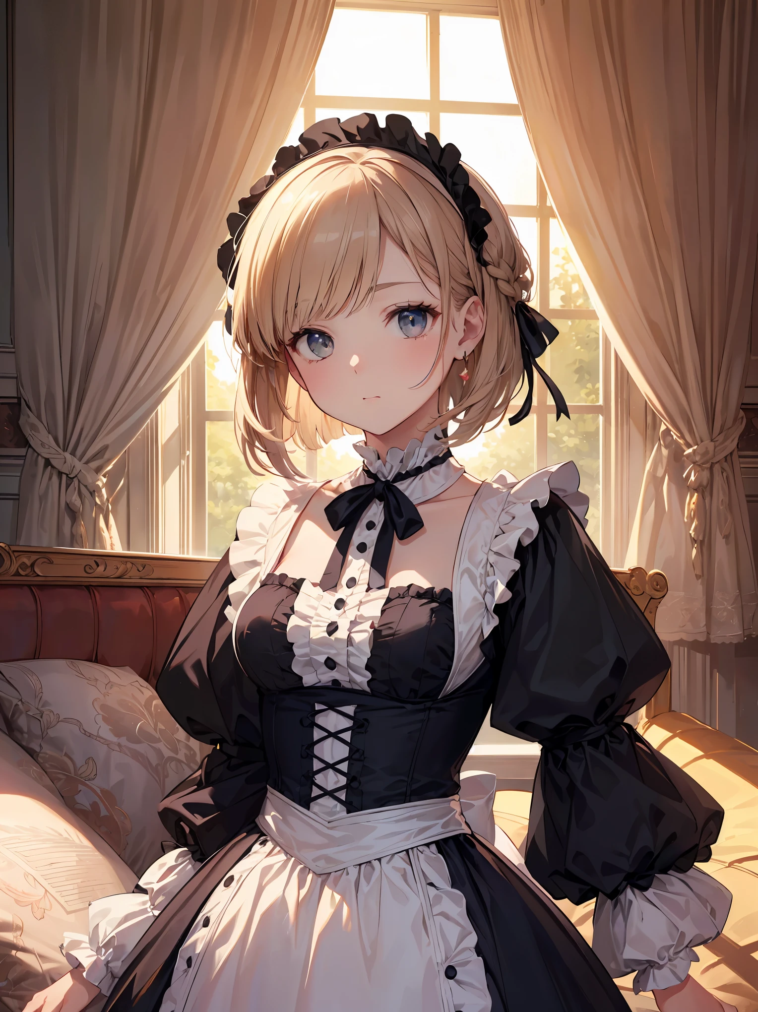 (highest quality、16K、masterpiece、ultra high resolution、Victorian era、Photoreal:1.2)、cowboy shot、One length bob cut braided hair clip with front drop、big ribbon、brand uniform　cute、clear、 Tsundere、heroine attributes、artistic shadow
