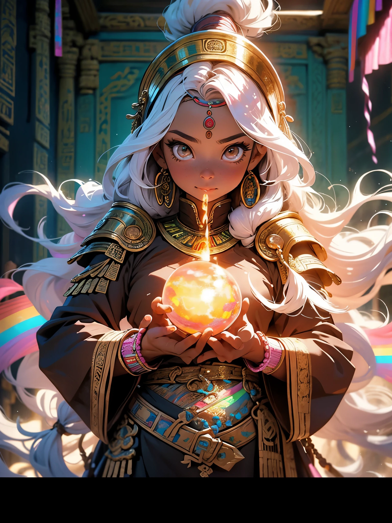 Inside old tomb room, with light coming from small luminescent gems embedded in the walls in flashes of rainbow colors, a symmetrical long shot, 16 year old tribal girl with long twin braids, slim face with high cheeks flushed pink, large brown eyes and a small nose, pink lips, dressed in intricately patterned Shaman tribal clothes, style old Egypt, necklace, 64k, high quality concept art, trending art on Artstation, sharp focus, intricate details, Chinese ink painting, inspired by Daiqing Tana, inspired by chanting Buddhist sutras, Taoist and Egyptian mythology.