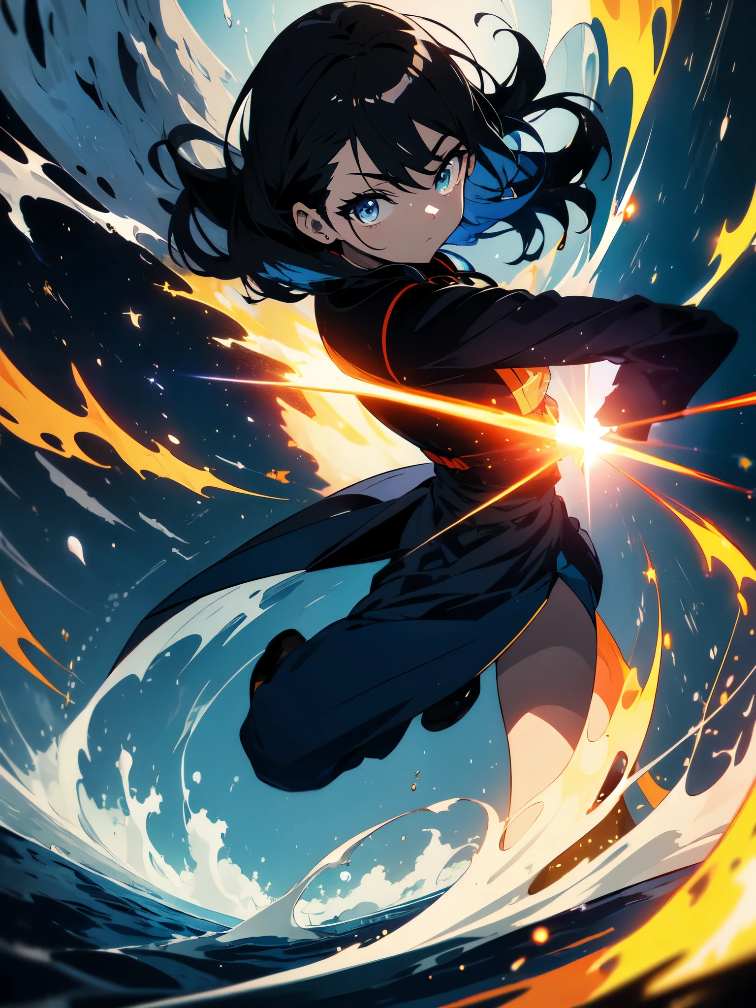 (((masterpiece、highest quality))),(emits a Kamehameha wave)16k,highest quality, figure, Earth, water,fire,Wind,space,1 young person,black hair,brave look、Shining eyes,chinese fighting uniform、(Blue effect)、action、beautiful anime、Cool anime