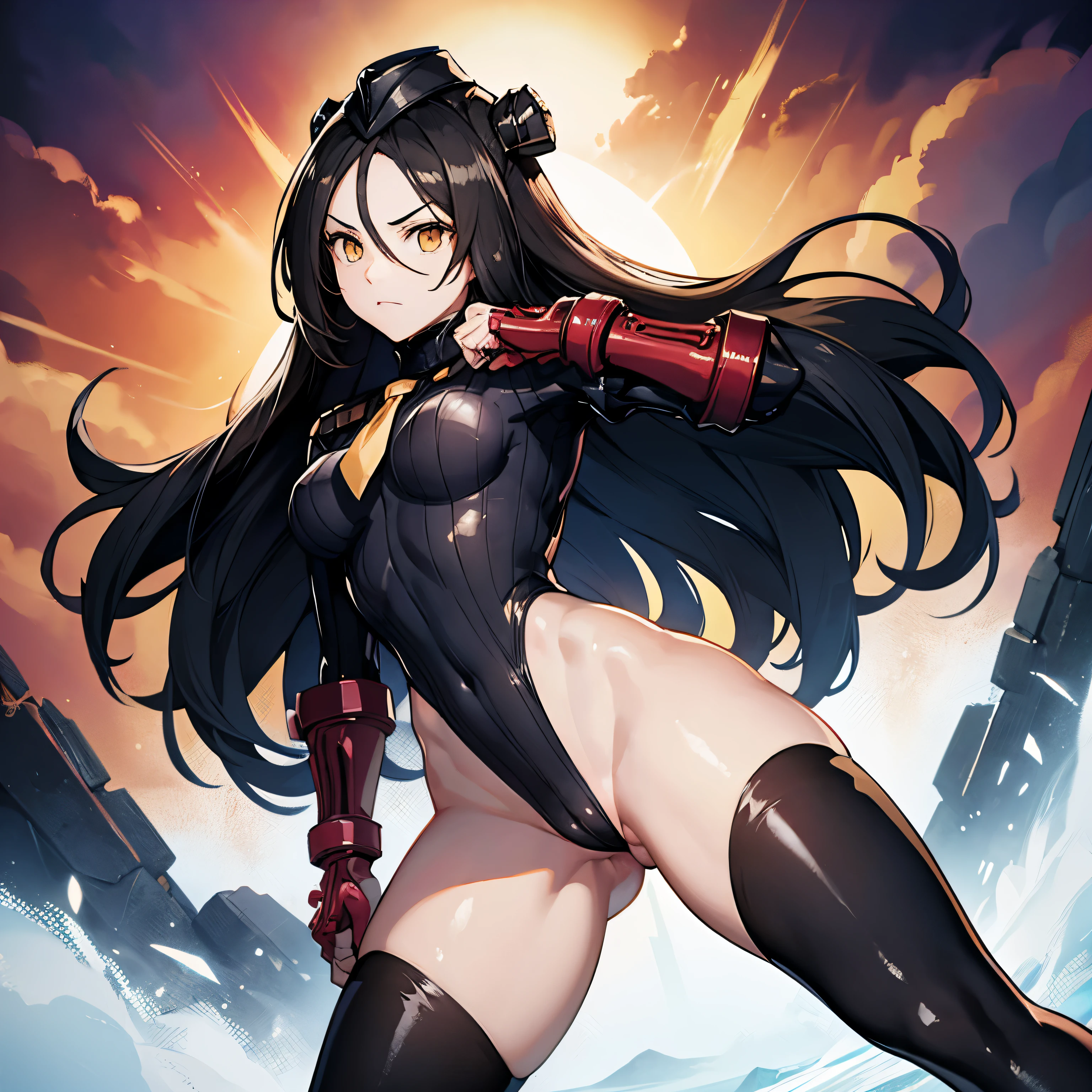 ultra-detailed, , Beautiful body, Beautiful Nose, Beautiful character design, perfect eyes, perfect face, ultra highres, 4K, beautiful legs, perfect legs, Nice hands, Perfect hand, Masterpiece, Best Quality, Highly detailed, illustration, absurdres, perfect anatomy, street fighter, doll suit, shadaloo doll, dollsuit, expressionless, blank eyes, looking at viewer, red gloves, emotionless, black latex, corrution, mind control, female combatant, full body, hypnotized, unhappy trance, full body suit, ribbed bodysuit, obey, perfect female body, extremely glossy latex, hypnosis, hypnoLora, empty eyes, Mind control device, poses, submissive_pose, Slave, sng straight, standing, standing at attention, hat, necktie, belt, latex, ribbed bodysuit, thighhighs, garter belt, Fighting Stance, extending the right arm from the shoulder into the air with a straightened hand, military, thigh boots, black pantyhose, (((pixel-perfect, detail-perfect))), solo, 1girl, hair ornaments, very long hair, black hair, hair ribbon, yellow eyes, Dreamer, Girls Frontline, small breast, crucifix, crucified posing,