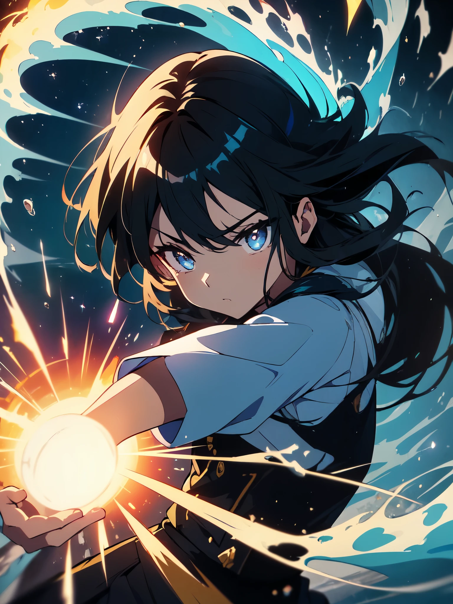 (((masterpiece、highest quality))),(emits a Kamehameha wave)16k,highest quality, figure, Earth, water,fire,Wind,space,1 young person,black hair,brave look、Shining eyes,chinese fighting uniform、(Blue effect)、action、beautiful anime、Cool anime