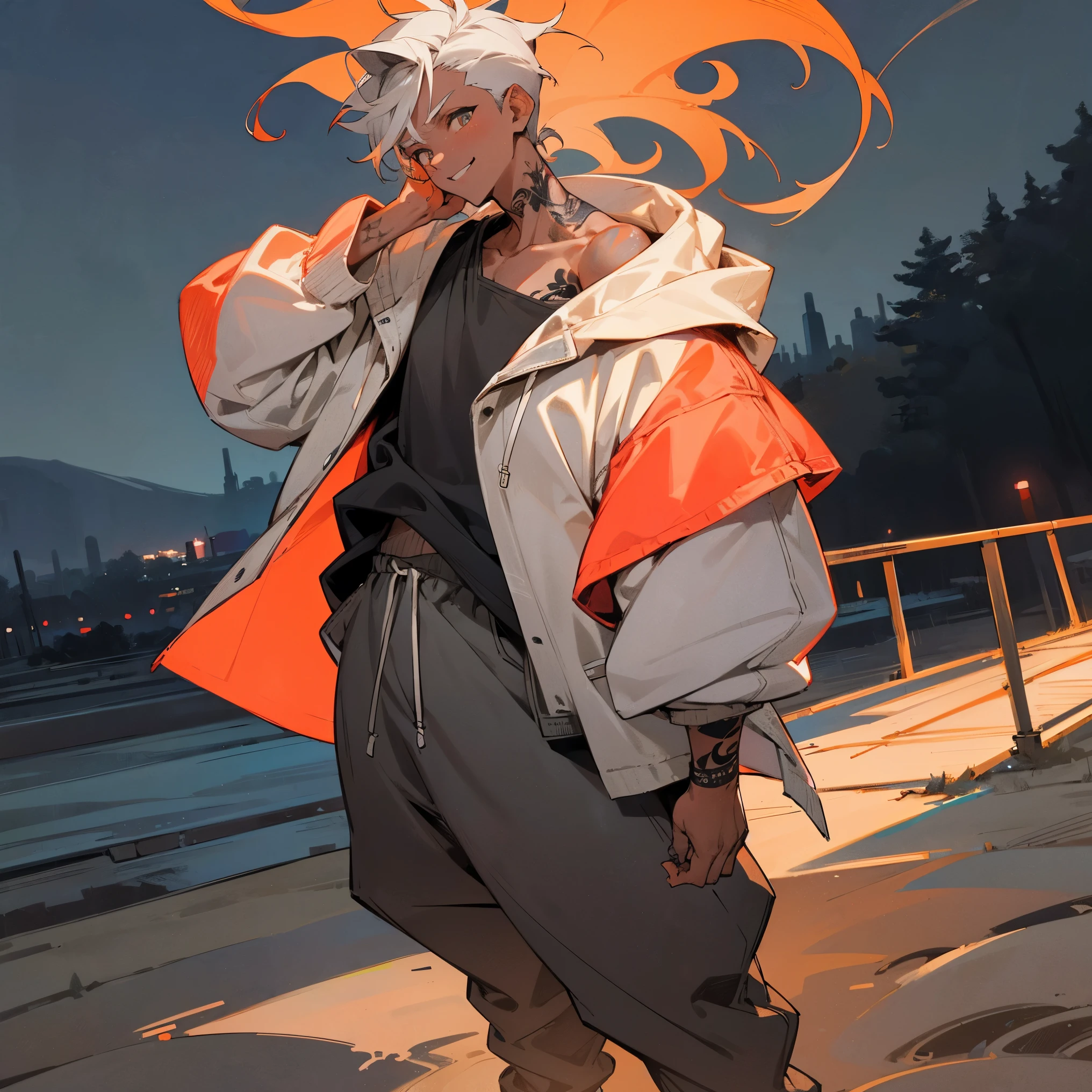 1male, adult, dark skin, finely detailed coral eyes, short messy hair, pale grey ombré hair color, undercut, loose oversized hoodie, casual clothes, loose baggy pants, standing with arms folded, standing on open trail, night, confident smile, village, serious, tattoos 