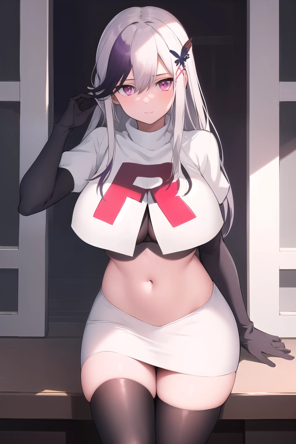 (masterpiece, best quality:1.2),illustration,8k,hd,1girl,solo,(portrait:1.2),pink_eyes,large_breasts,long_hair,hair_ornament,purple_eyes,multicolored_hair,white_hair,butterfly_hair_ornament,zettai_ryouiki,black_hair,bangs,hair_between_eyes,long team rocket,team rocket uniform,white skirt,red letter R,crop top,black thigh-highs,black elbow gloves