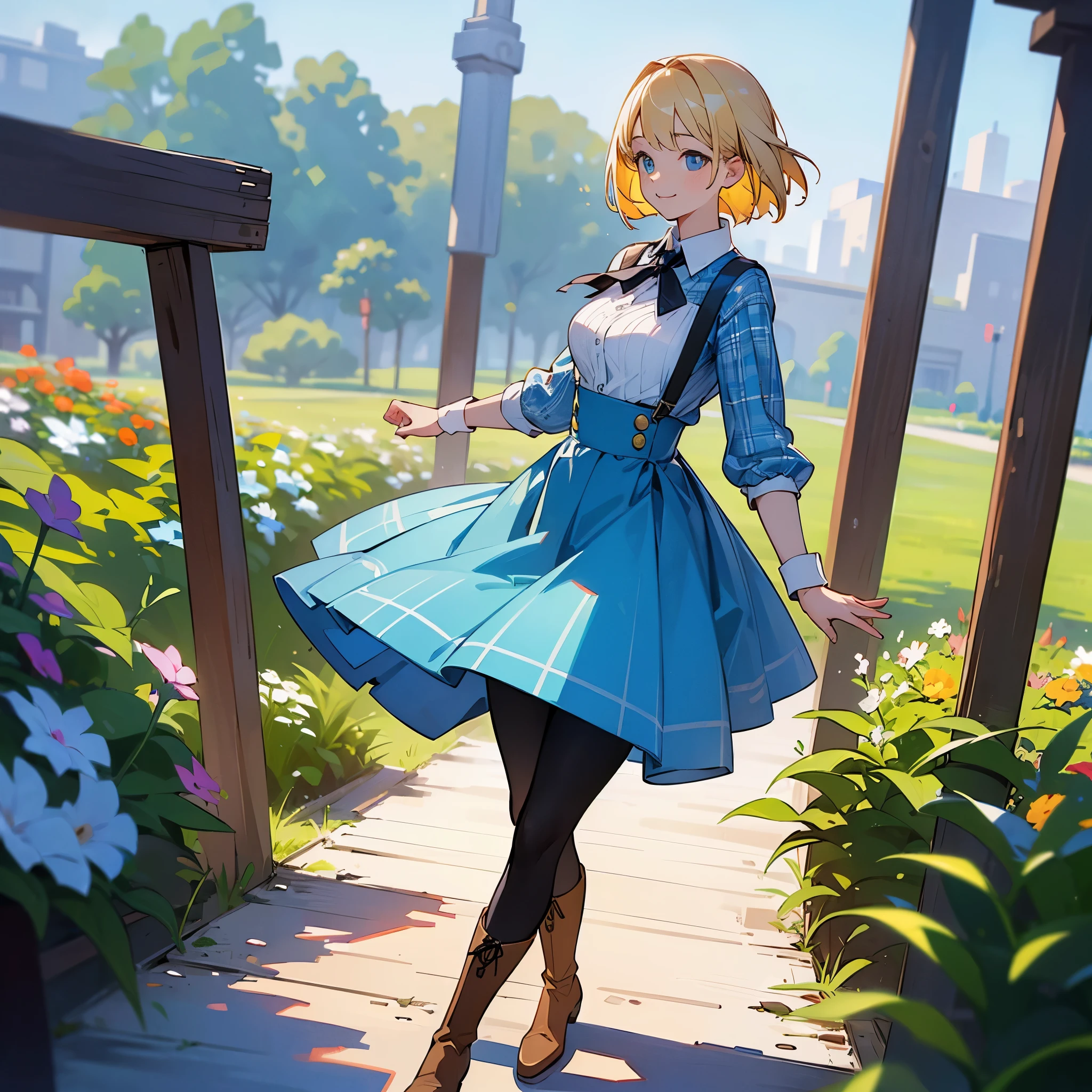(high quality, High resolution, Super detailed, reality:1.37), peaceful atmosphere, (outdoors, garden), teenage girl standing alone, (my breasts are big.), Beautiful detail features, cute smile, (blonde bob hair), ribbed sweater, blue plaid skirt, black tights, brown boots.