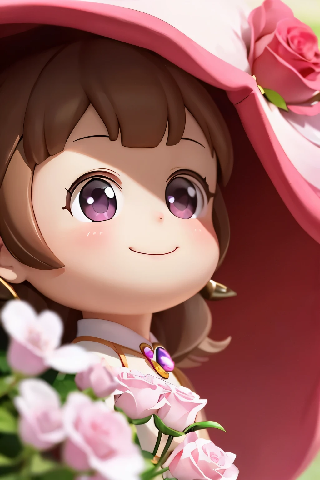 Chibi girl smelling the scent of rose flowers、Jewel-like eyes、Take a super close-up shot of lips from the side、smile