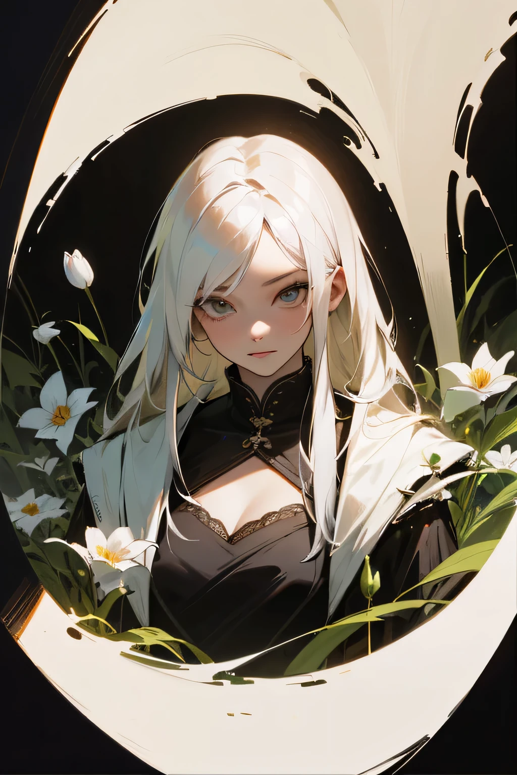 masterpiece, highest quality, super detailed, High resolution, (Ink painting style), excellent ???????, 1 beautiful woman, alone, gray hair, cave, lush green, flowers, beautiful, idyllic, majestic, confused, textured, Digital single-lens reflex camera, best light, best shadow, Mysterious, perfect face, very detailed,