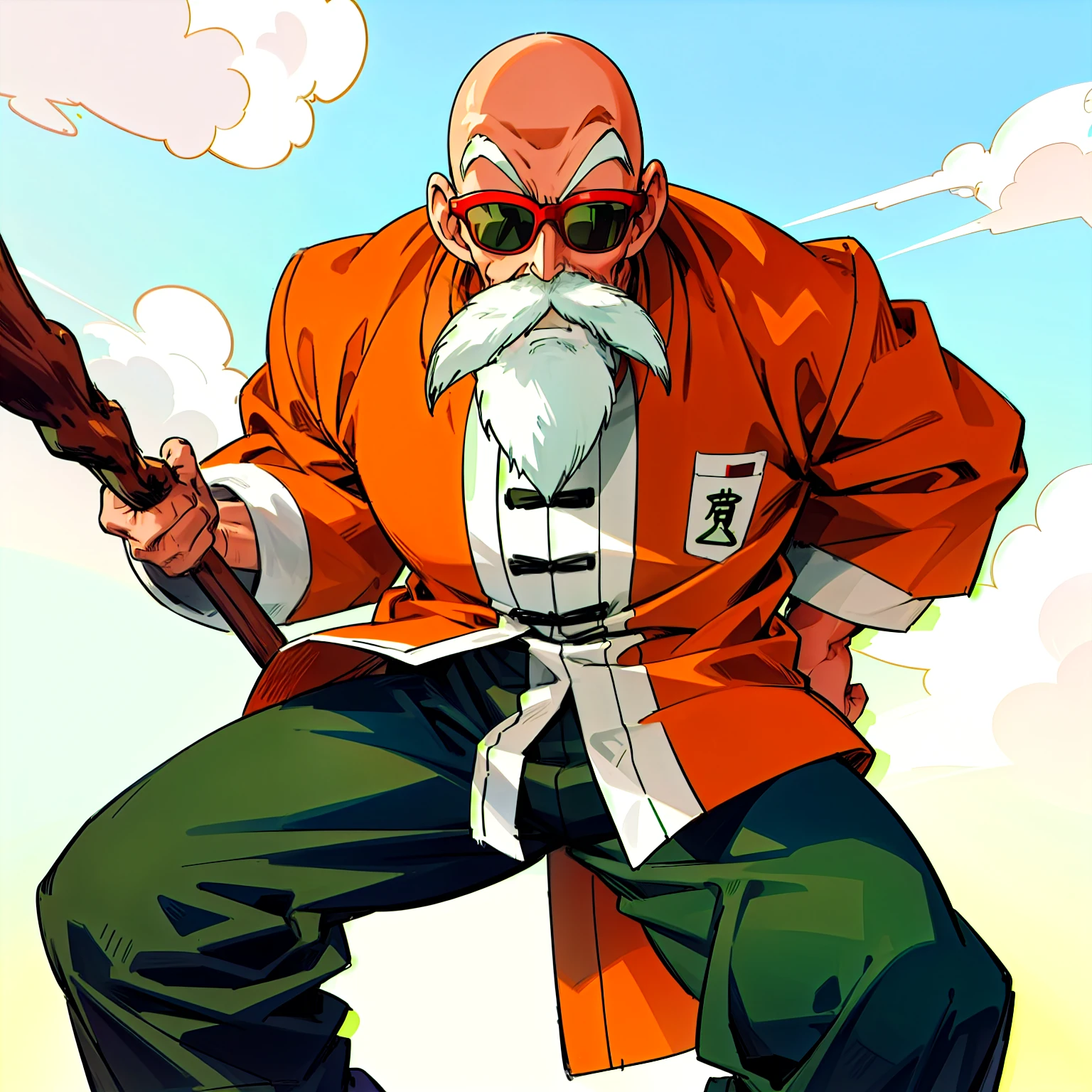 highres, High quality,(Beautiful), ((masterpiece)),vibrant colors,muten roushi, old man, black eyes,bald, facial hair, beard, mustache, white hair, chinese clothes,muscular male orange jacket, blue pants, sunglasses, red-framed eyewear, green-tinted eyewear 