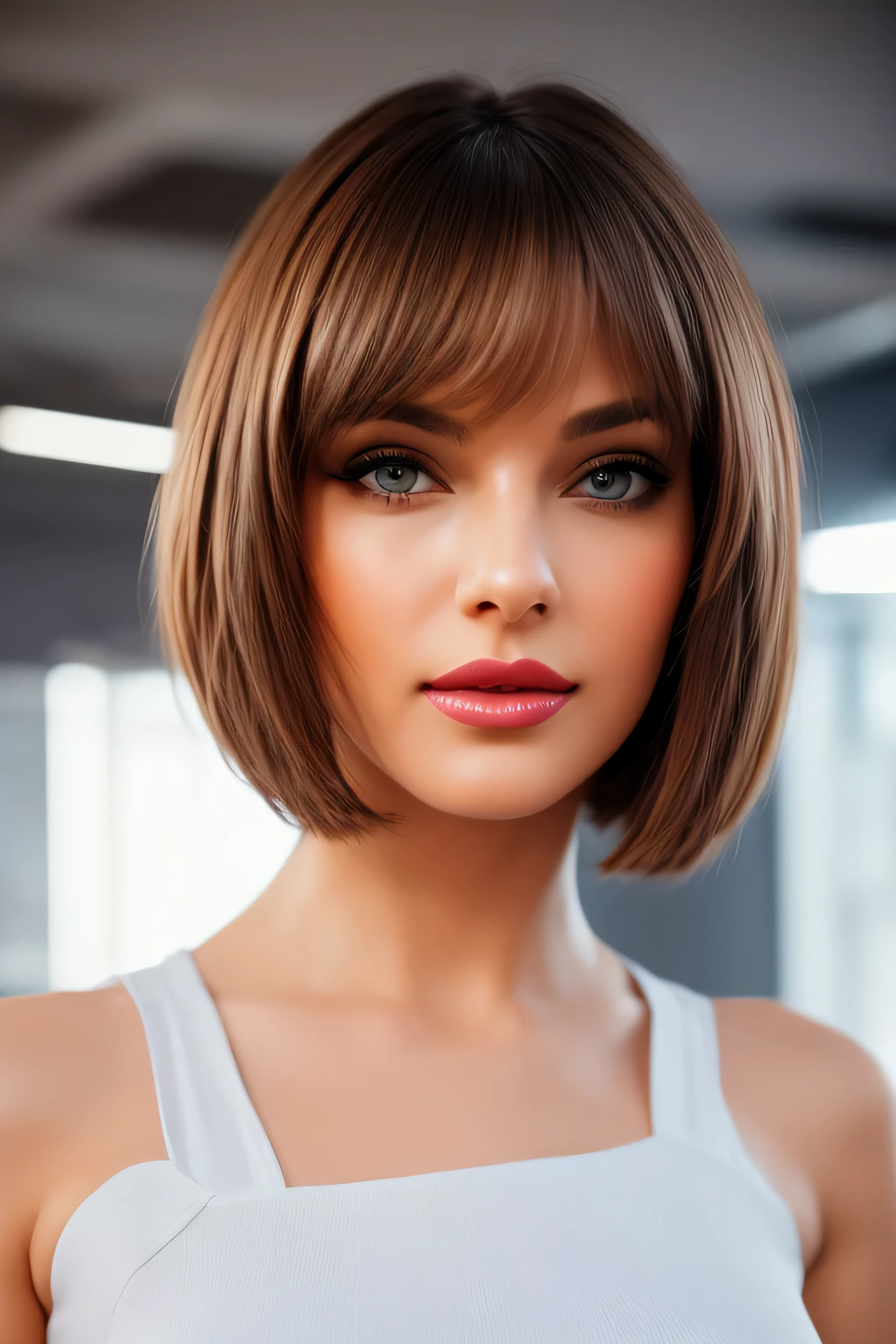 Best quality, PhotoRealistic, ultra detailed, finely detailed, high resolution, 8K wallpaper, Raw color photo, professional, High level of detail, (Model advertising a computer..). Beautiful 35 year old woman, (pale skin), (Masterpiece), (full body), (blue eyes), Realistic, happy face, (red lipstick), expressive smile, ((short shoulder length hair), (pink hair)), ((small breast, no cleavage)). white dress for woman, (Best quality,4k,8K,high resolution,Masterpiece:1.2),ultra detailed,(Realistic,photoRealistic,photoRealistic:1. 37),portrait, Tailored suit for ladies,professional setting,confident expression,stylish haircut,Office environment,modern office building,stunning architecture,elegant pose,executive woman,high heels,spacious and bright office,sharp focus,women working together,polished look,neutral color palette,soft natural lighting,clean and minimalist design,important business meeting, Intricate patterns on suit, well groomed hairstyle,Desk with computer and paperwork,air of authority,successful and accomplished women,award winning photo, (Face to face), (Look at viewers), small light, low contrast, facial symmetry, depth of fields, cinematic background, central image, softly lit, (finely detailed skin), Realistic skin texture, extreme skin details, (pores: 0. 1), small bust with good shape