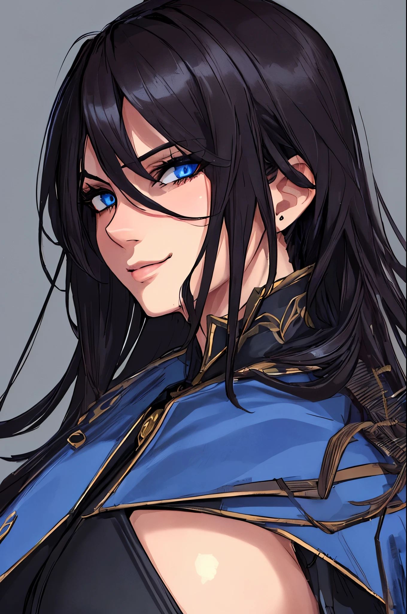 ((masterpiece)), ((best quality)), 1girl, adult, big bust, ((dark hair)), ((intimidant look)), ((close-up)), profile image, black and blue clothes, sexy, dark colors, blue eyes, ((coat with fur)), ((wavy hair)), exposed skin, ((sexy pose)), good anatomy, ((dark sage clothes)), ((straight cut bangs)), emotionless, intimidant, ((beautiful eyes)), dark background, close up, ((detailed eyes)), ((detailed face)), hair bang, frontal look, relaxed, smile, queen