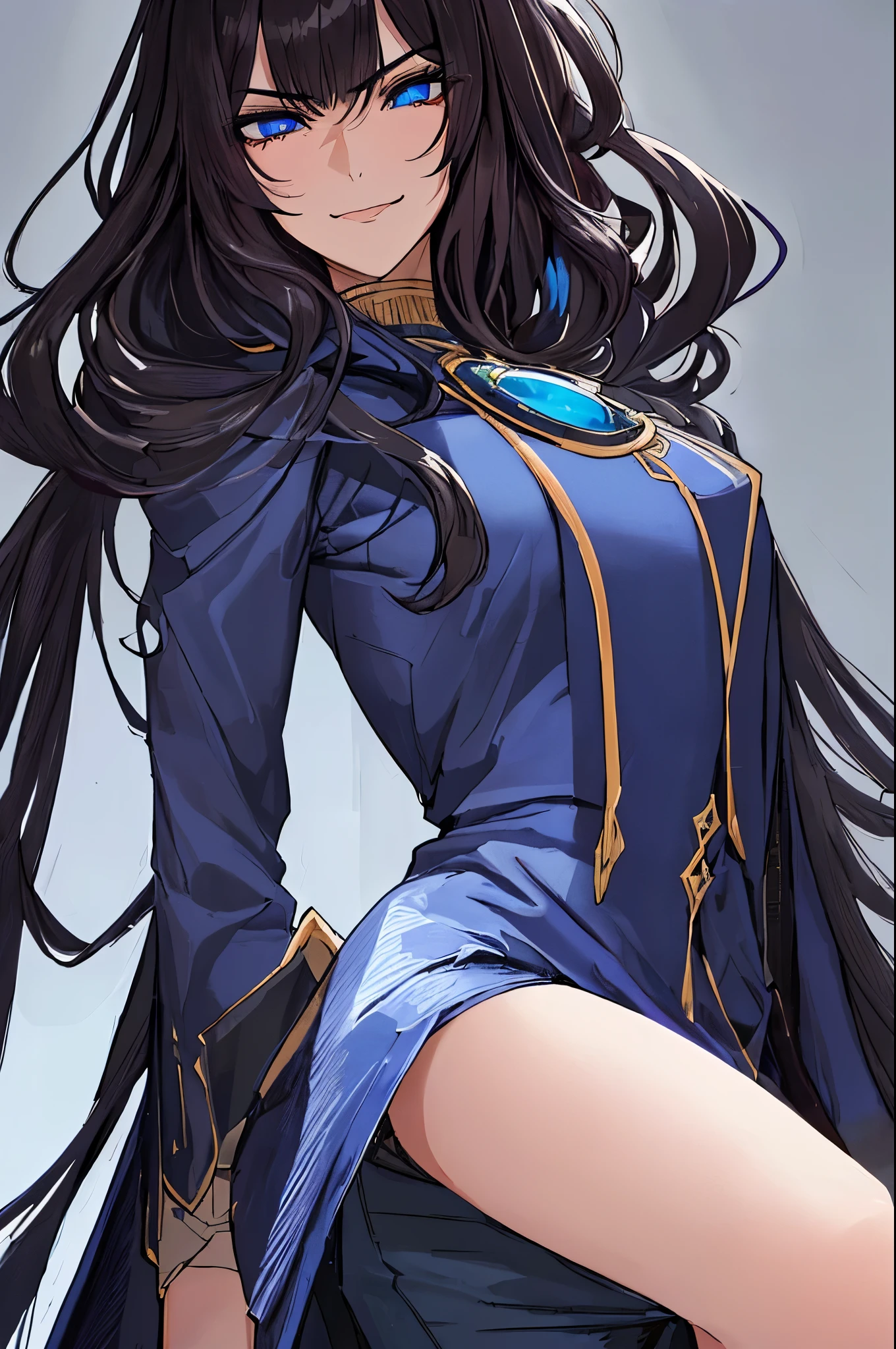 ((masterpiece)), ((best quality)), 1girl, adult, big bust, ((dark hair)), ((intimidant look)), ((close-up)), profile image, black and blue clothes, sexy, dark colors, blue eyes, ((coat with fur)), ((wavy hair)), exposed skin, ((sexy pose)), good anatomy, ((dark sage clothes)), ((straight cut bangs)), emotionless, intimidant, ((beautiful eyes)), dark background, close up, ((detailed eyes)), ((detailed face)), hair bang, frontal look, relaxed, smile, queen