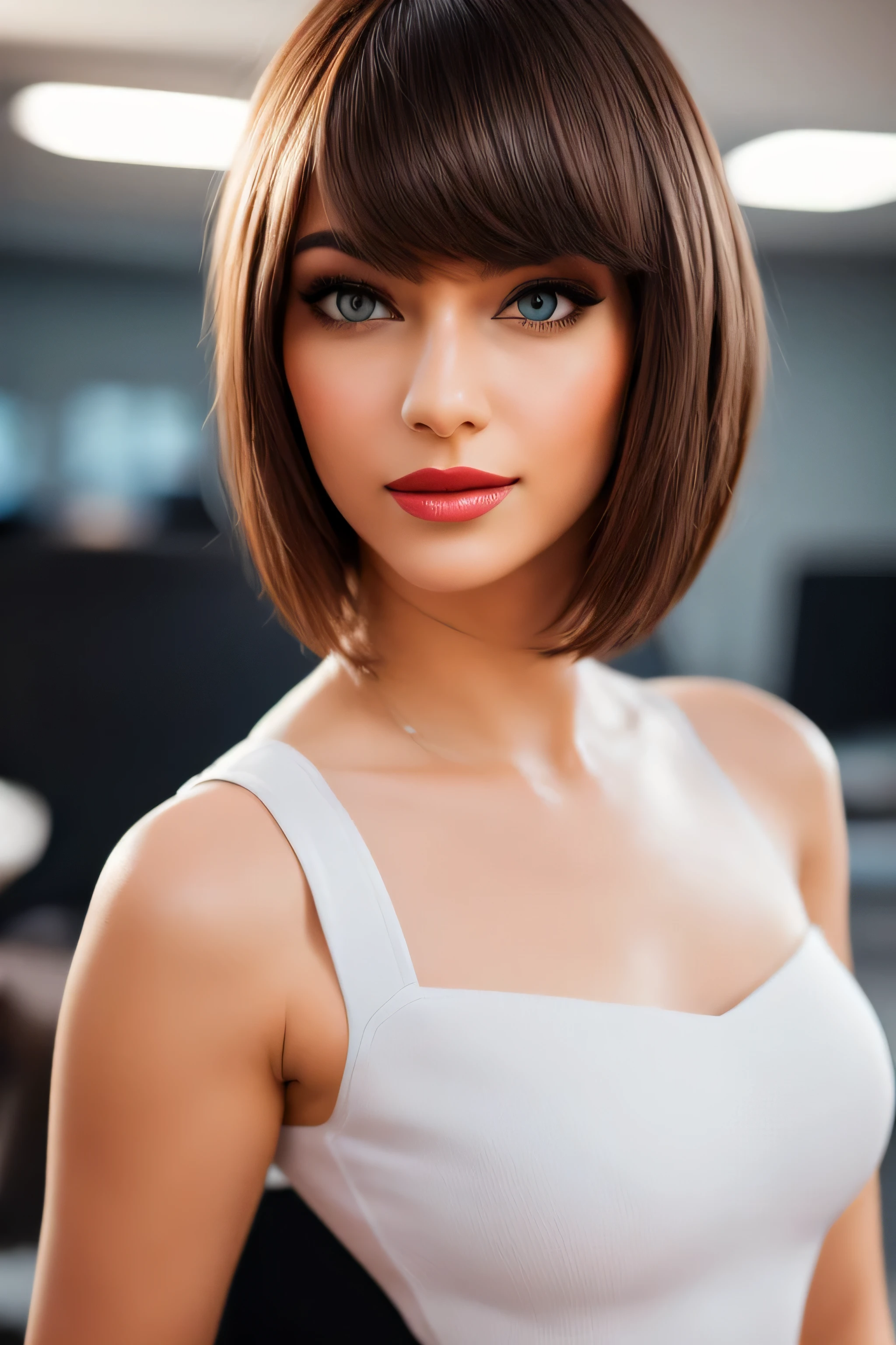 Best quality, PhotoRealistic, ultra detailed, finely detailed, high resolution, 8K wallpaper, Raw color photo, professional, High level of detail, (Model advertising a computer..). Beautiful 35 year old woman, (pale skin), (Masterpiece), (full body), (blue eyes), Realistic, happy face, (red lipstick), expressive smile, ((short shoulder length hair), (pink hair)), ((small breast, no cleavage)). white dress for woman, (Best quality,4k,8K,high resolution,Masterpiece:1.2),ultra detailed,(Realistic,photoRealistic,photoRealistic:1. 37),portrait, Tailored suit for ladies,professional setting,confident expression,stylish haircut,Office environment,modern office building,stunning architecture,elegant pose,executive woman,high heels,spacious and bright office,sharp focus,women working together,polished look,neutral color palette,soft natural lighting,clean and minimalist design,important business meeting, Intricate patterns on suit, well groomed hairstyle,Desk with computer and paperwork,air of authority,successful and accomplished women,award winning photo, (Face to face), (Look at viewers), small light, low contrast, facial symmetry, depth of fields, cinematic background, central image, softly lit, (finely detailed skin), Realistic skin texture, extreme skin details, (pores: 0. 1), small bust with good shape