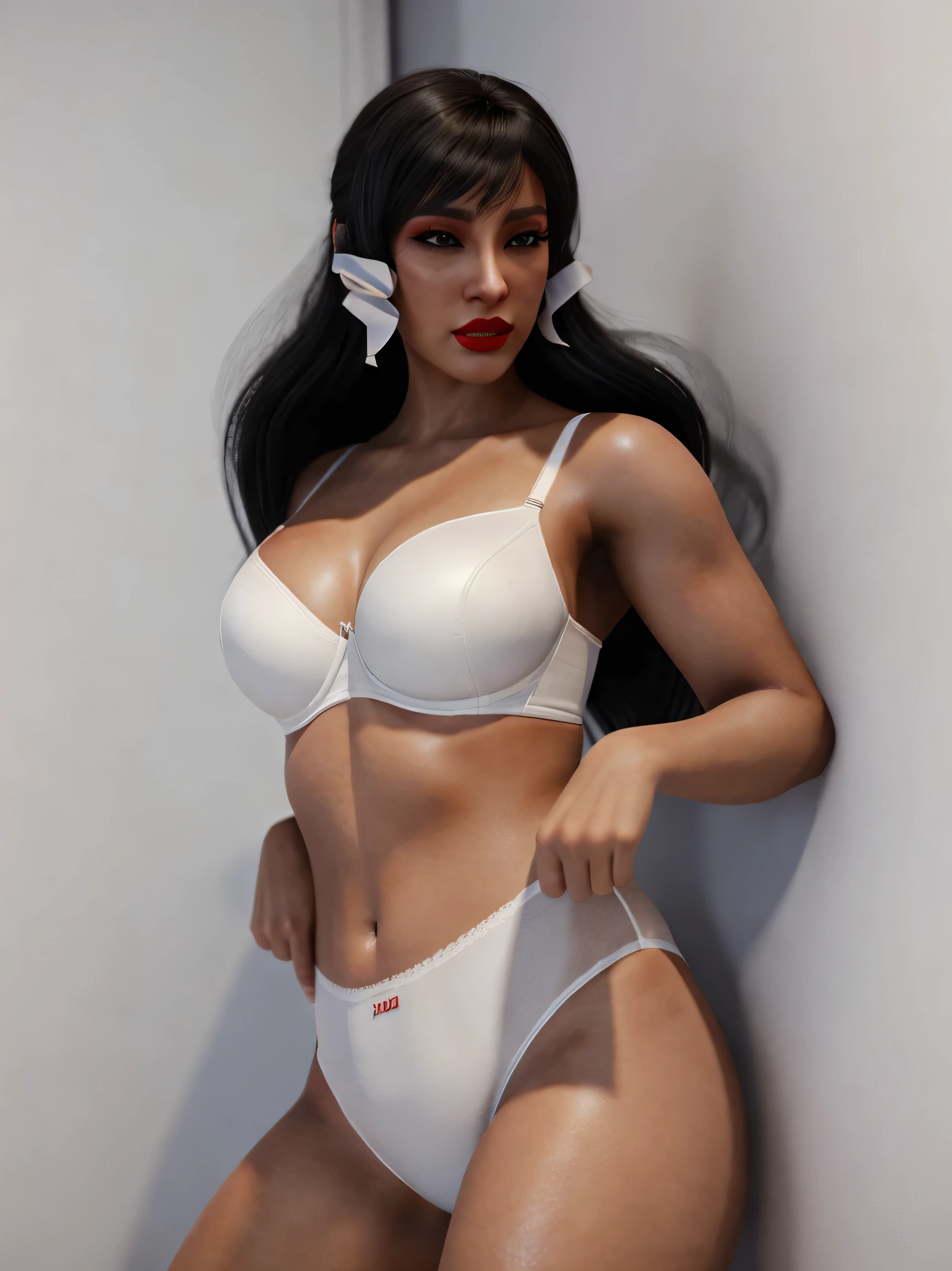 ((((masterpiece, best quality)))), ((30 year old)), (((Curvy))), ((Latina with long black hair that has curled bangs)), in ((white bra)), pulling up ((white high cut panties)), Dark eyes, ((Red lipstick)), ((Standing in a bathroom)), (((realistic 3D game model)))