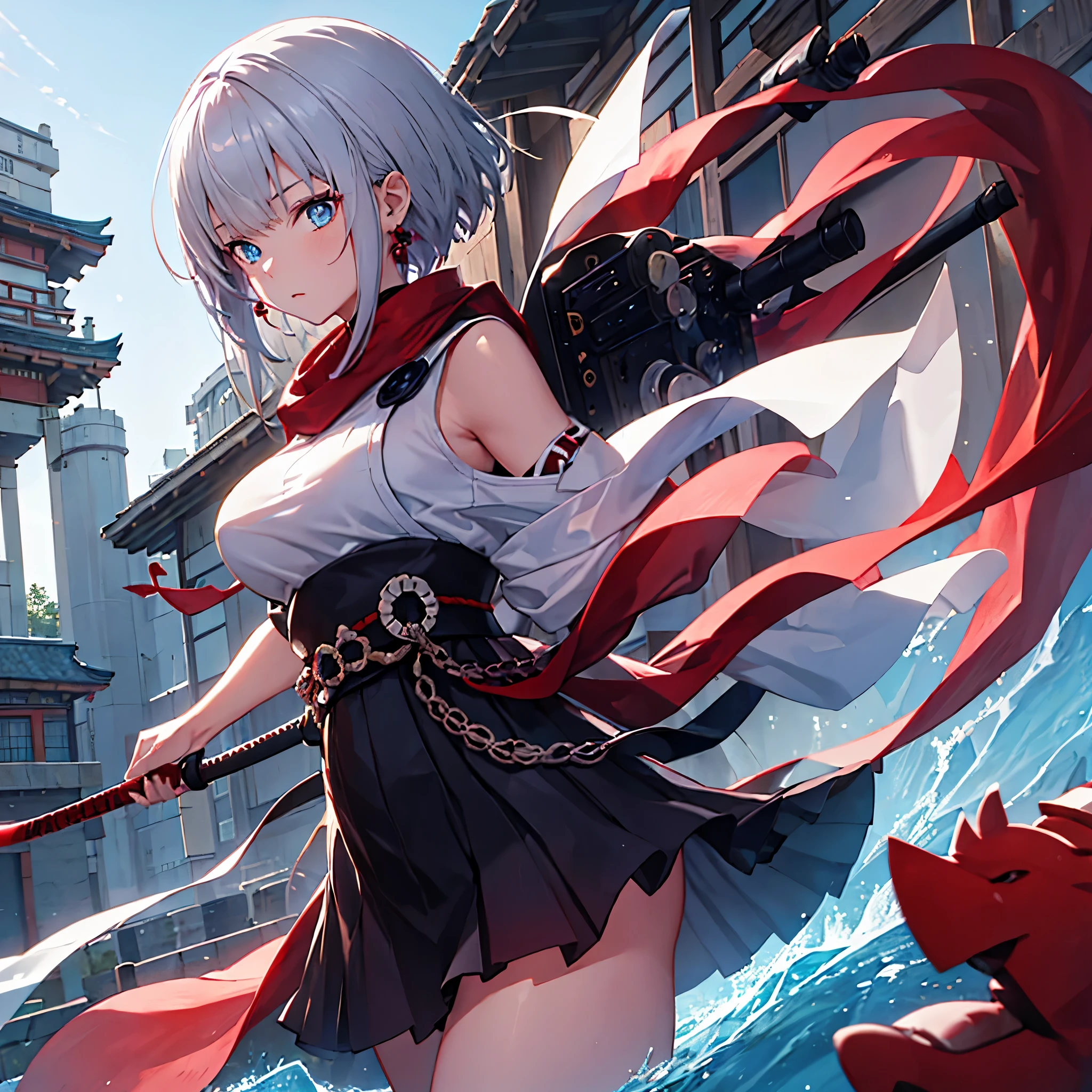 A girl wearing heavy samurai armor outside a dojo, short silver hair, a red fringe, blue eyes.
