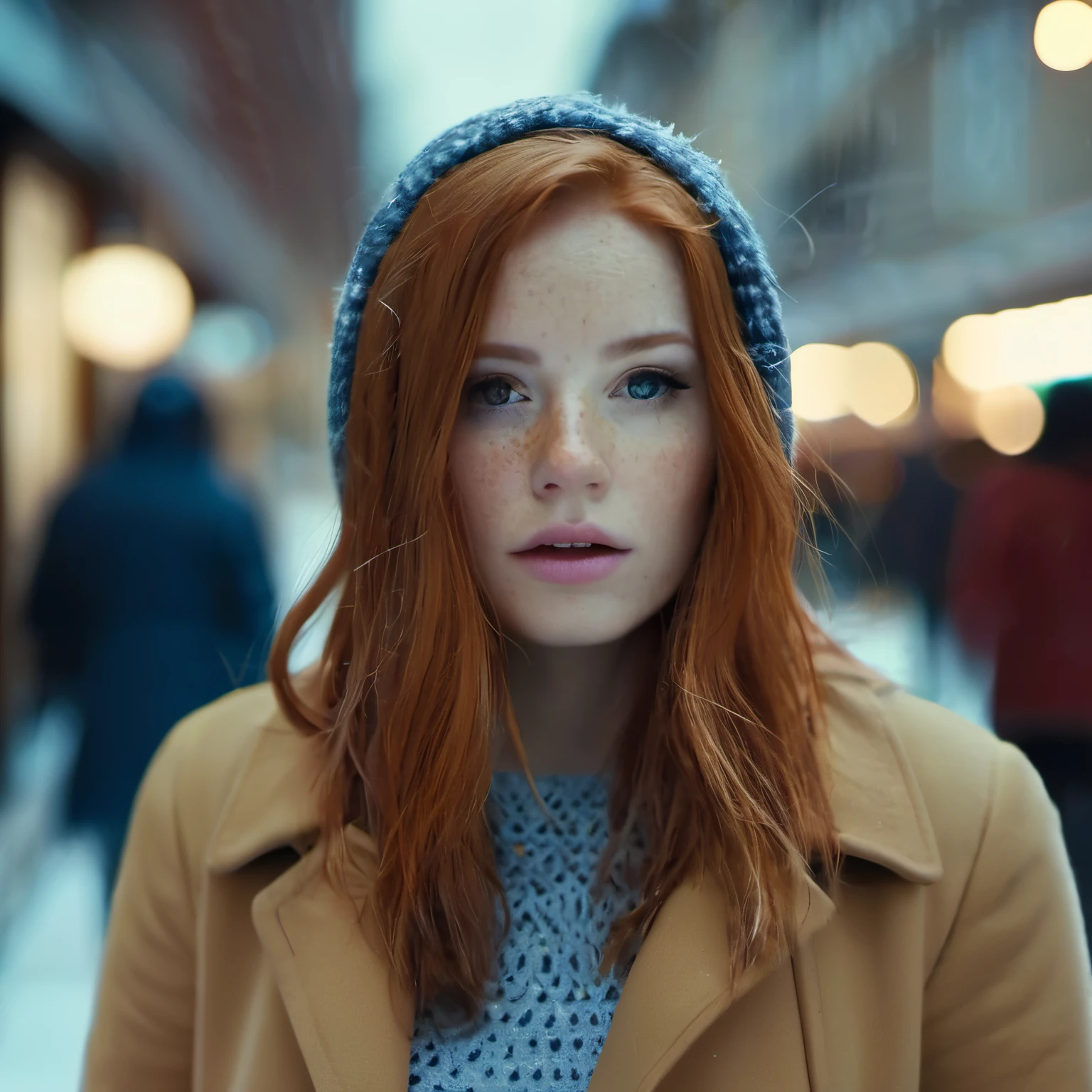 cinematic photo (art by Mathias Goeritz:0.9) , photograph, Lush Girlfriend, Tax collector, Rich ginger hair, Winter, tilt shift, Horror, specular lighting, film grain, Samsung Galaxy, F/5, (cinematic still:1.2), freckles . 35mm photograph, film, bokeh, professional, 4k, highly detailed